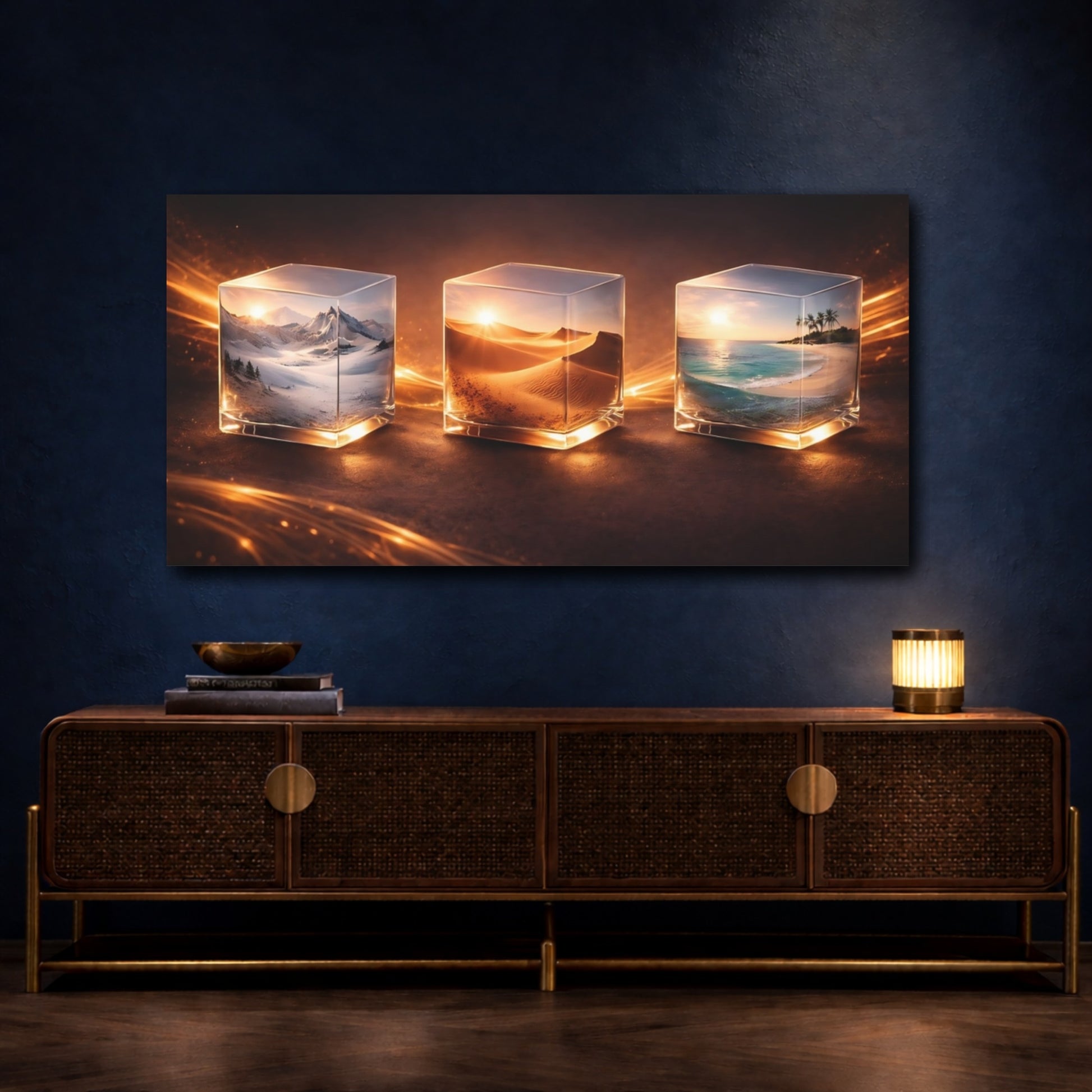 Mockup 4. Nature Nature Cubes Golden Nature shown as stretched canvas wall art