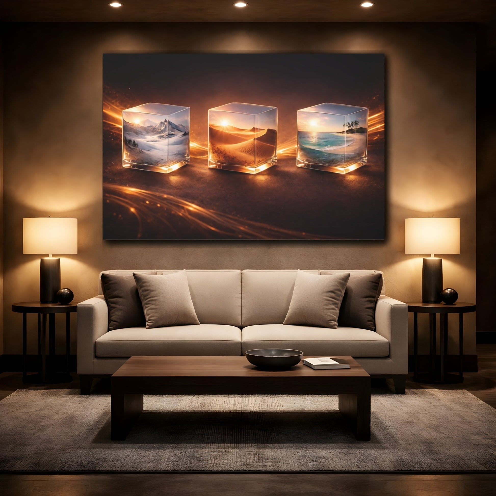 Mockup 2. Nature Nature Cubes Orange Glow shown as stretched canvas wall art