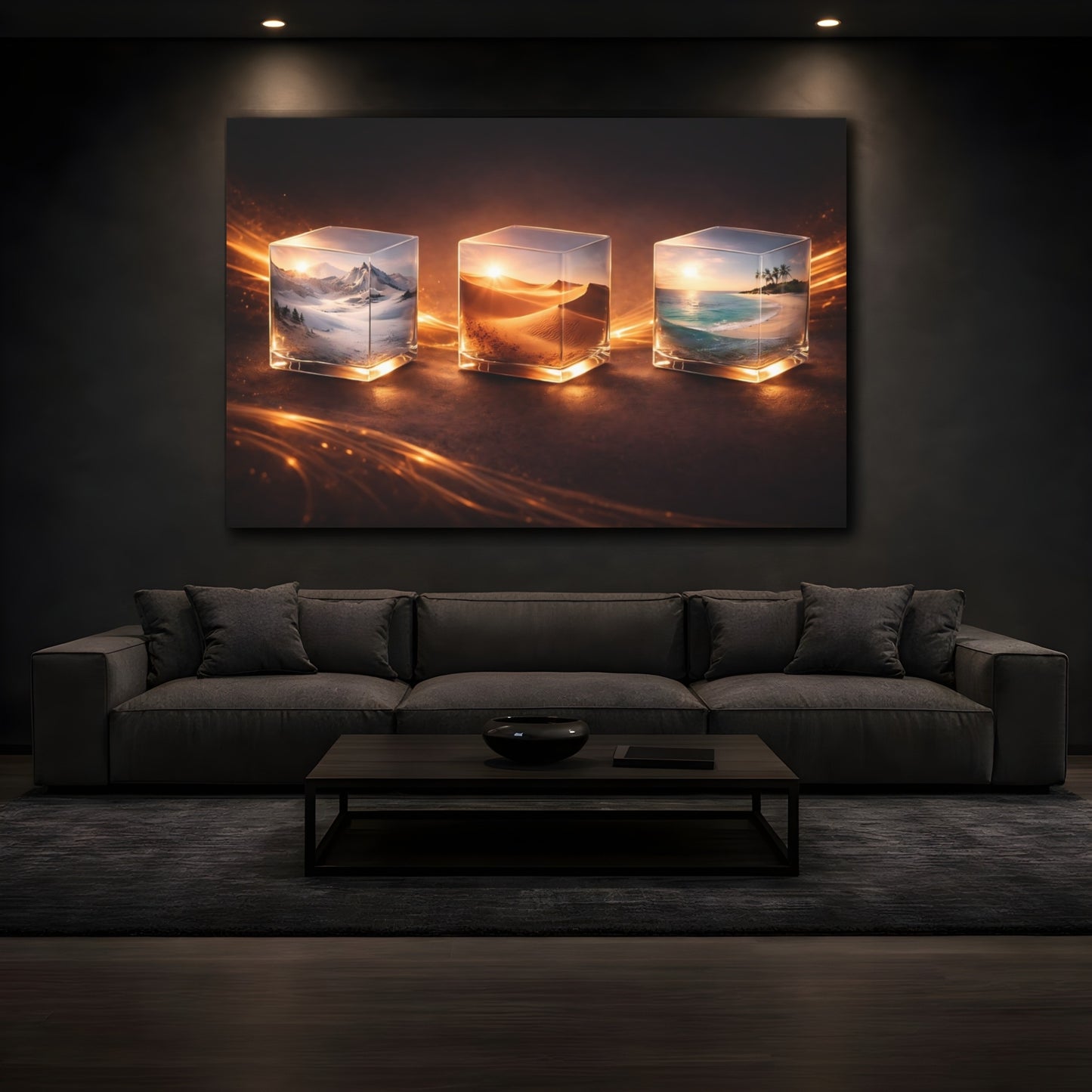 Mockup 3. Nature Nature Cubes Orange Glow shown as stretched canvas wall art