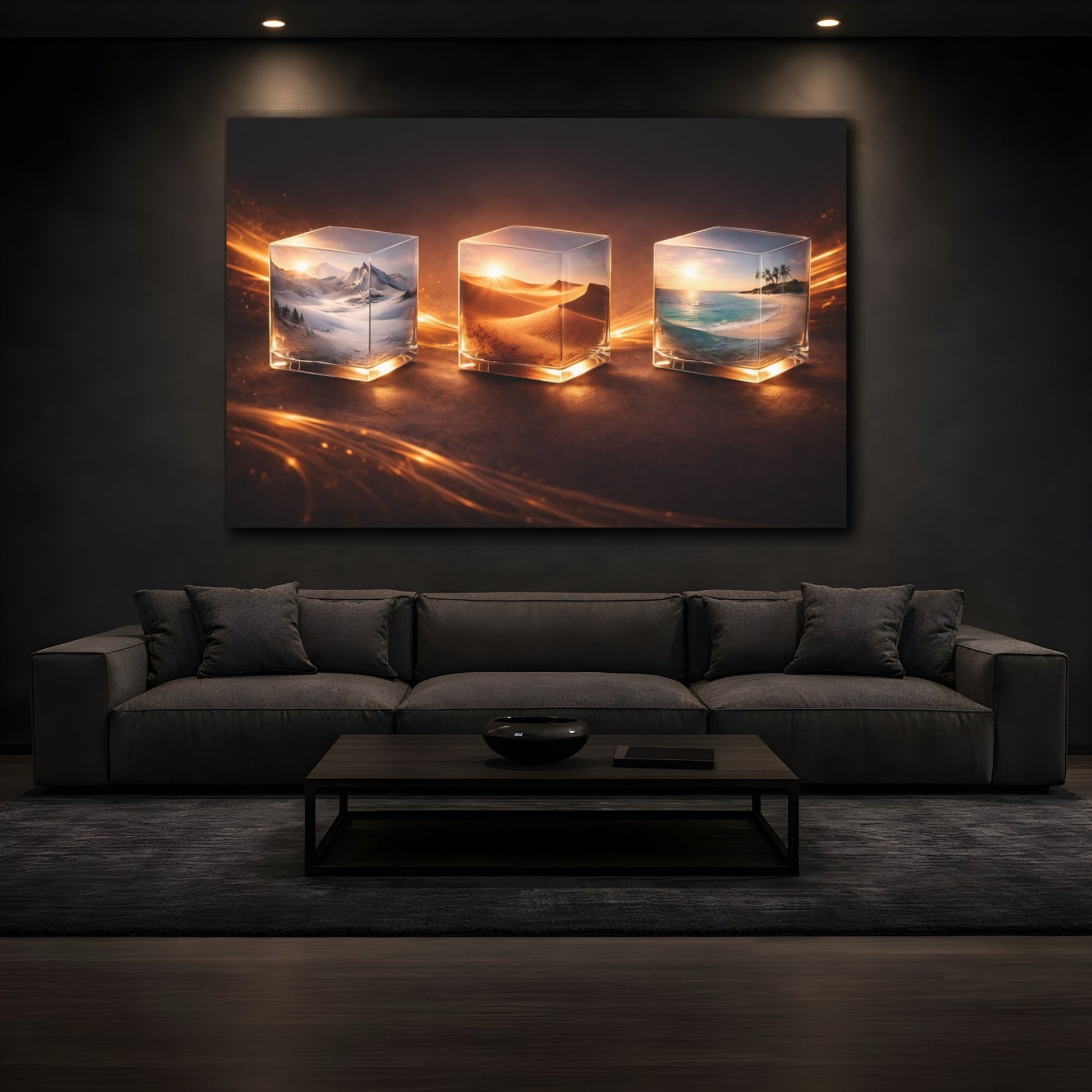 Mockup 3. Nature Nature Cubes Orange Glow shown as stretched canvas wall art