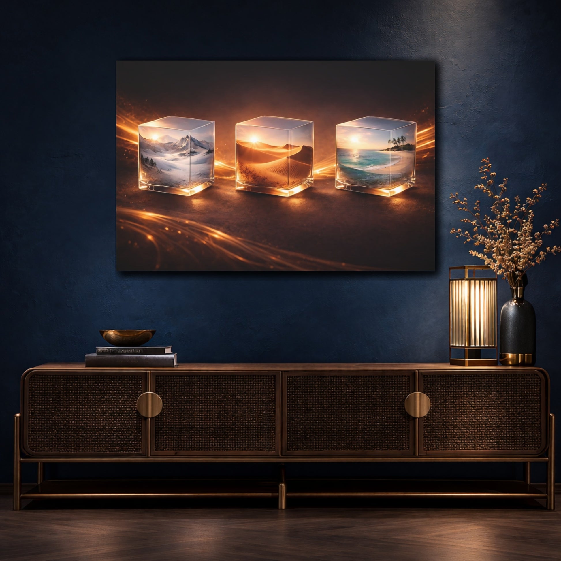 Mockup 4. Nature Nature Cubes Orange Glow shown as stretched canvas wall art