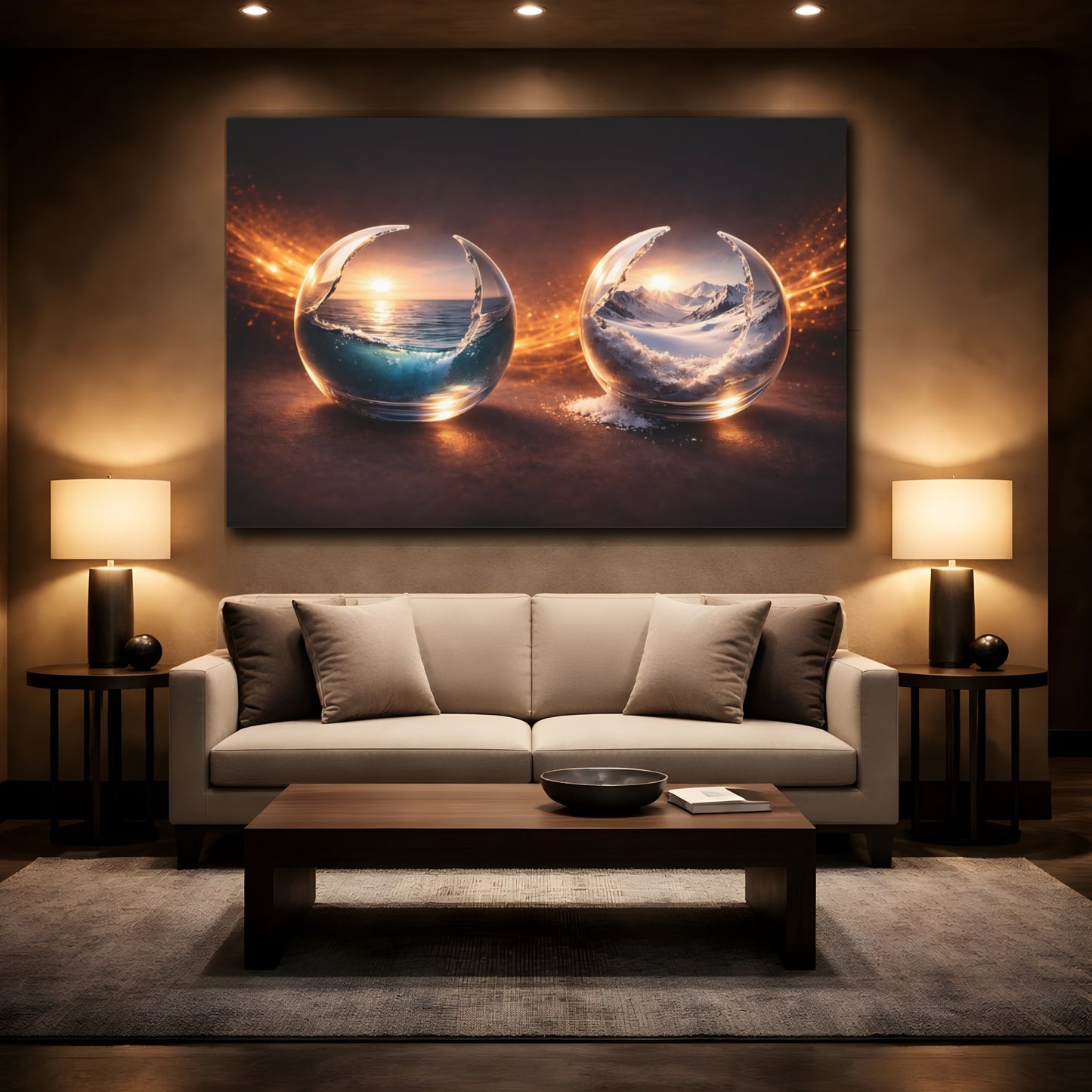 Mockup 2. Nature Nature Spheres Orange And Blue shown as stretched canvas wall art