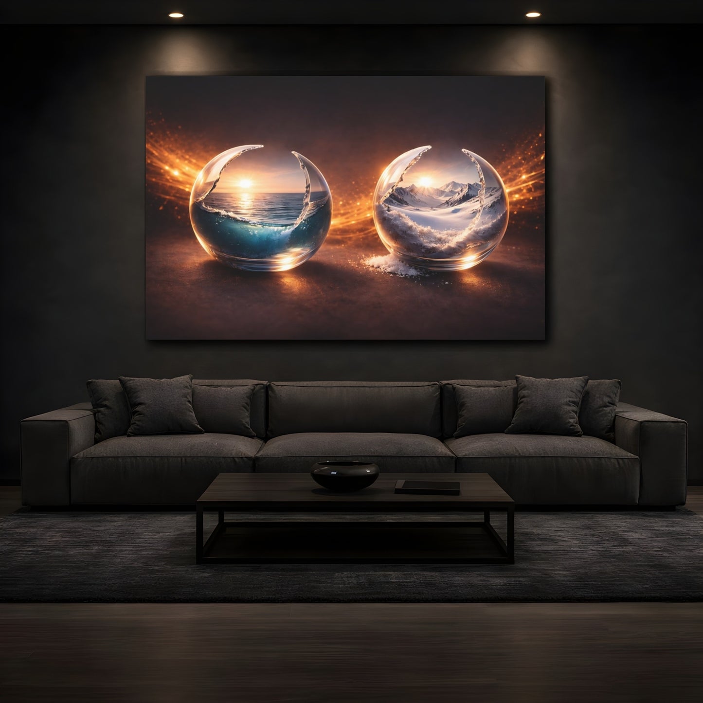 Mockup 3. Nature Nature Spheres Orange And Blue shown as stretched canvas wall art