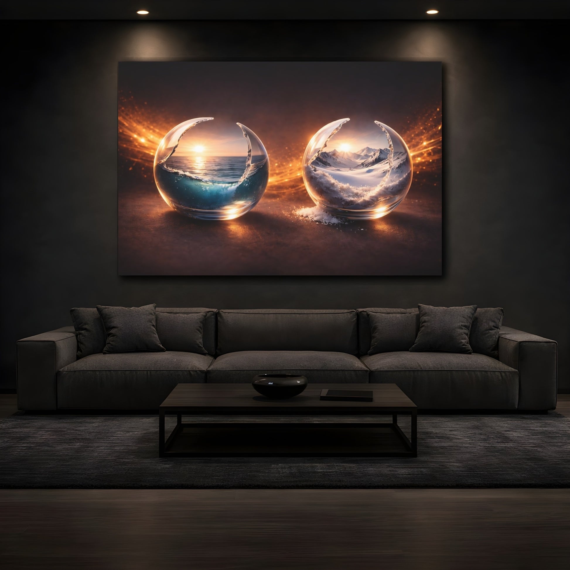 Mockup 3. Nature Nature Spheres Orange And Blue shown as stretched canvas wall art