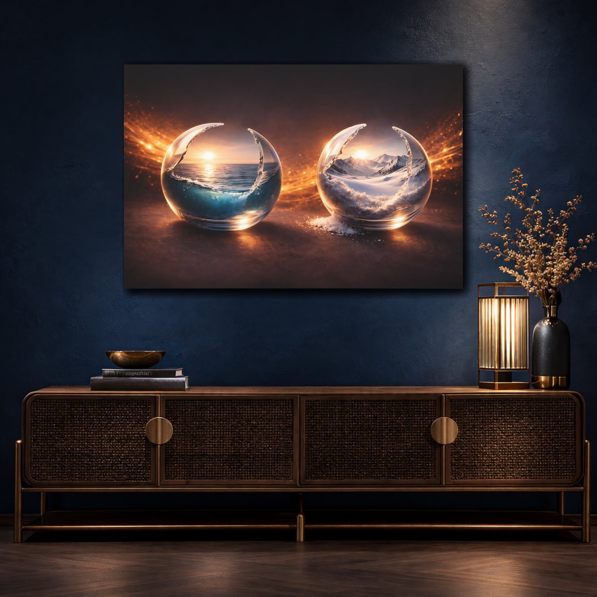 Mockup 4. Nature Nature Spheres Orange And Blue shown as stretched canvas wall art