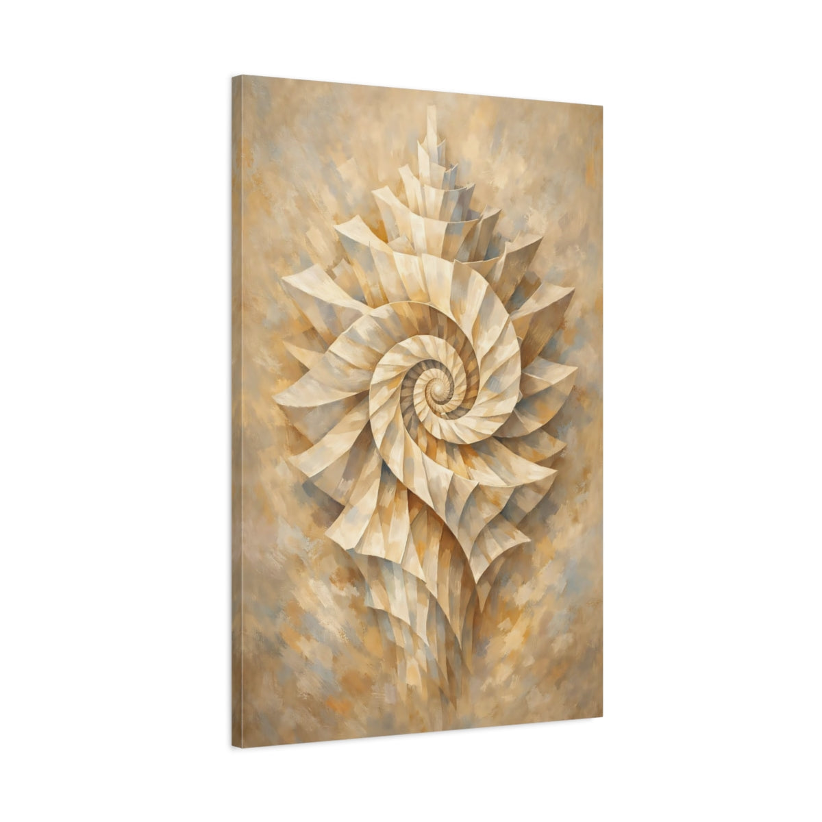 Side Mockup 1. Nature Nautilus Shell Gold Beige Spiral shown as stretched canvas wall art