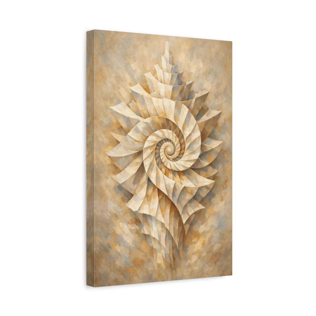 Side Mockup 4. Nature Nautilus Shell Gold Beige Spiral shown as stretched canvas wall art