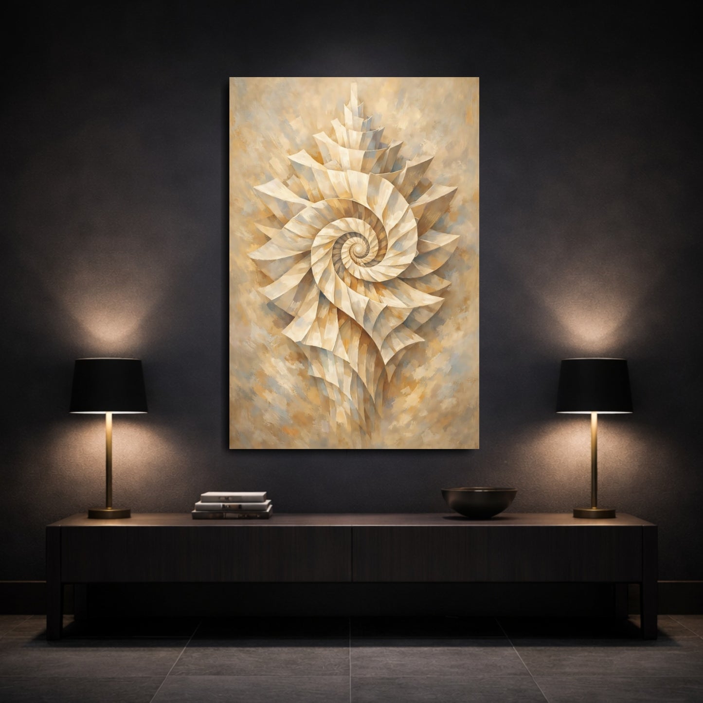 Mockup 2. Nature Nautilus Shell Gold Beige Spiral shown as stretched canvas wall art