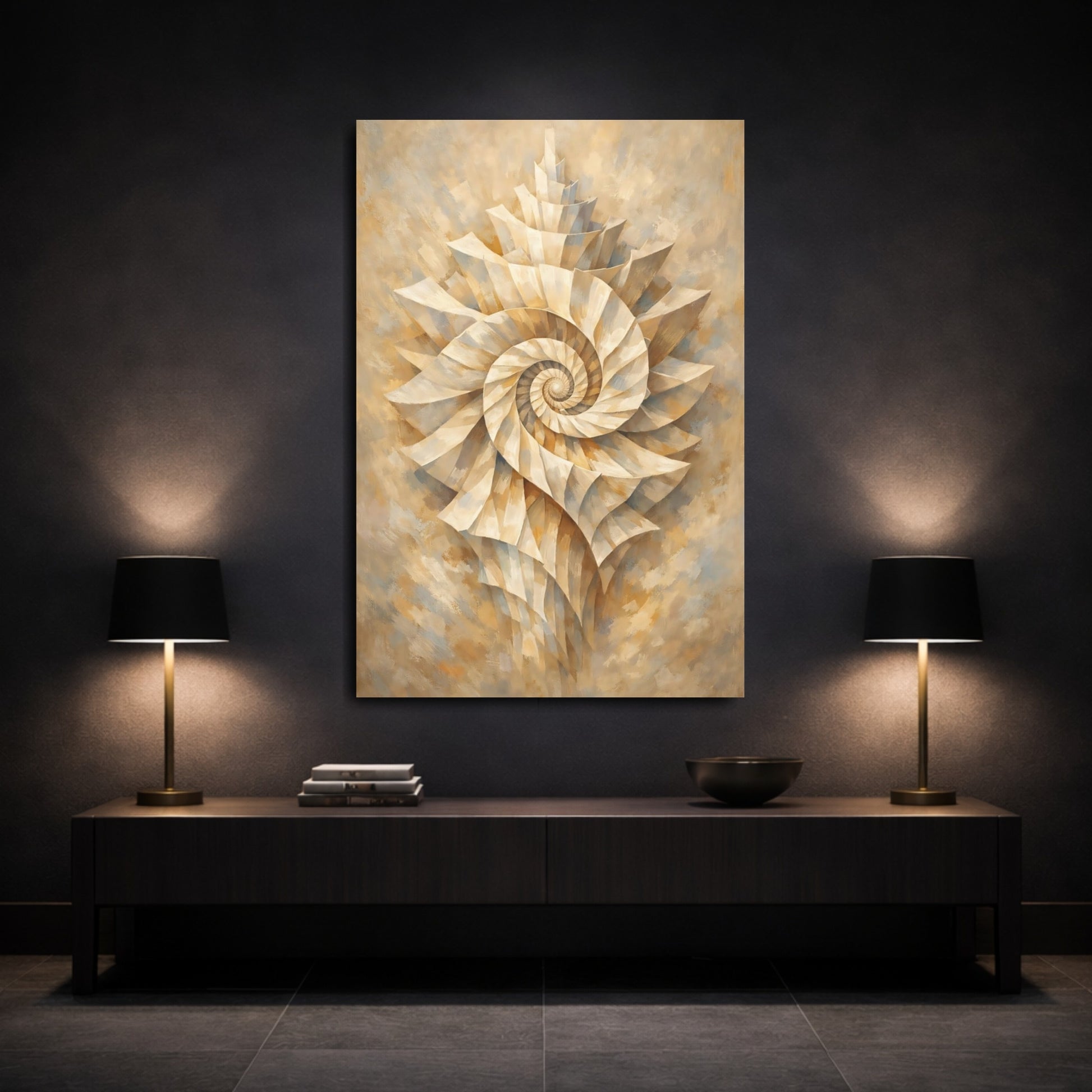 Mockup 2. Nature Nautilus Shell Gold Beige Spiral shown as stretched canvas wall art