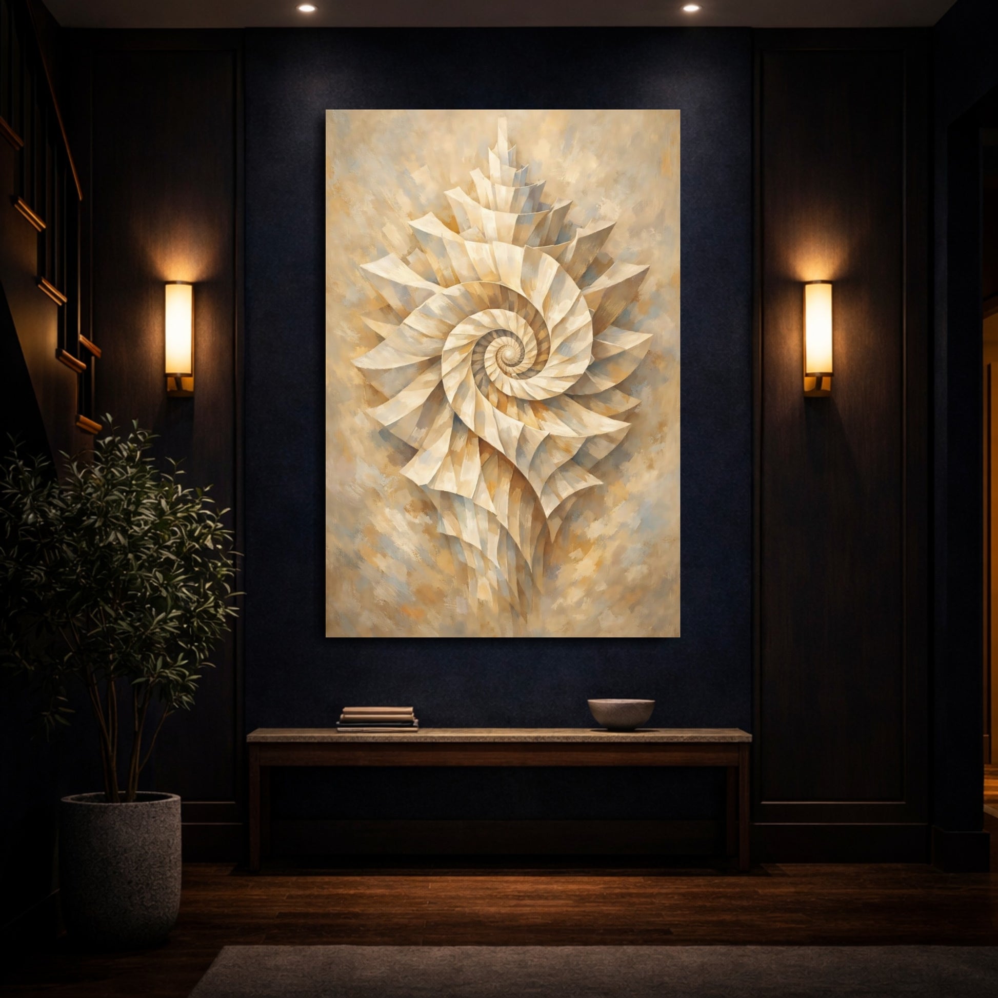 Mockup 3. Nature Nautilus Shell Gold Beige Spiral shown as stretched canvas wall art