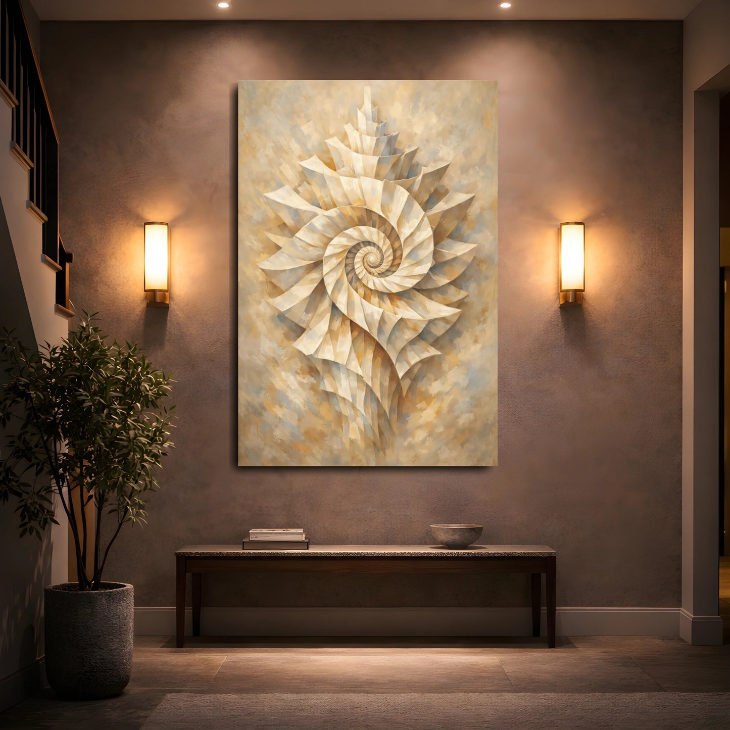 Mockup 4. Nature Nautilus Shell Gold Beige Spiral shown as stretched canvas wall art