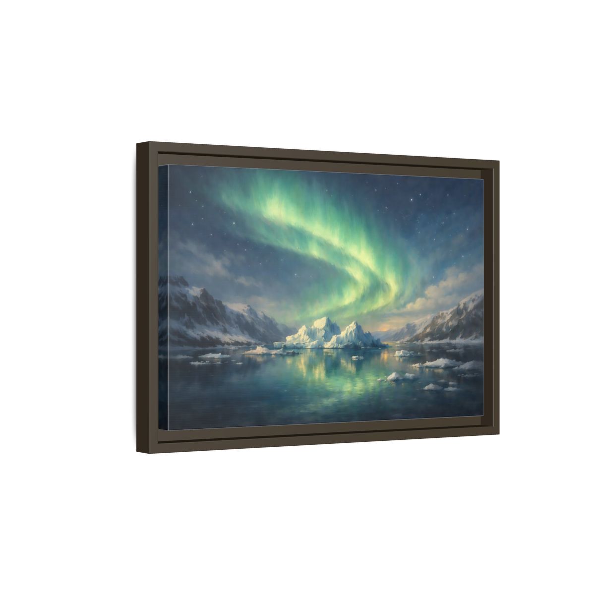 Side Mockup 5. Nature Northern Lights Green Northern Lights shown as stretched canvas wall art