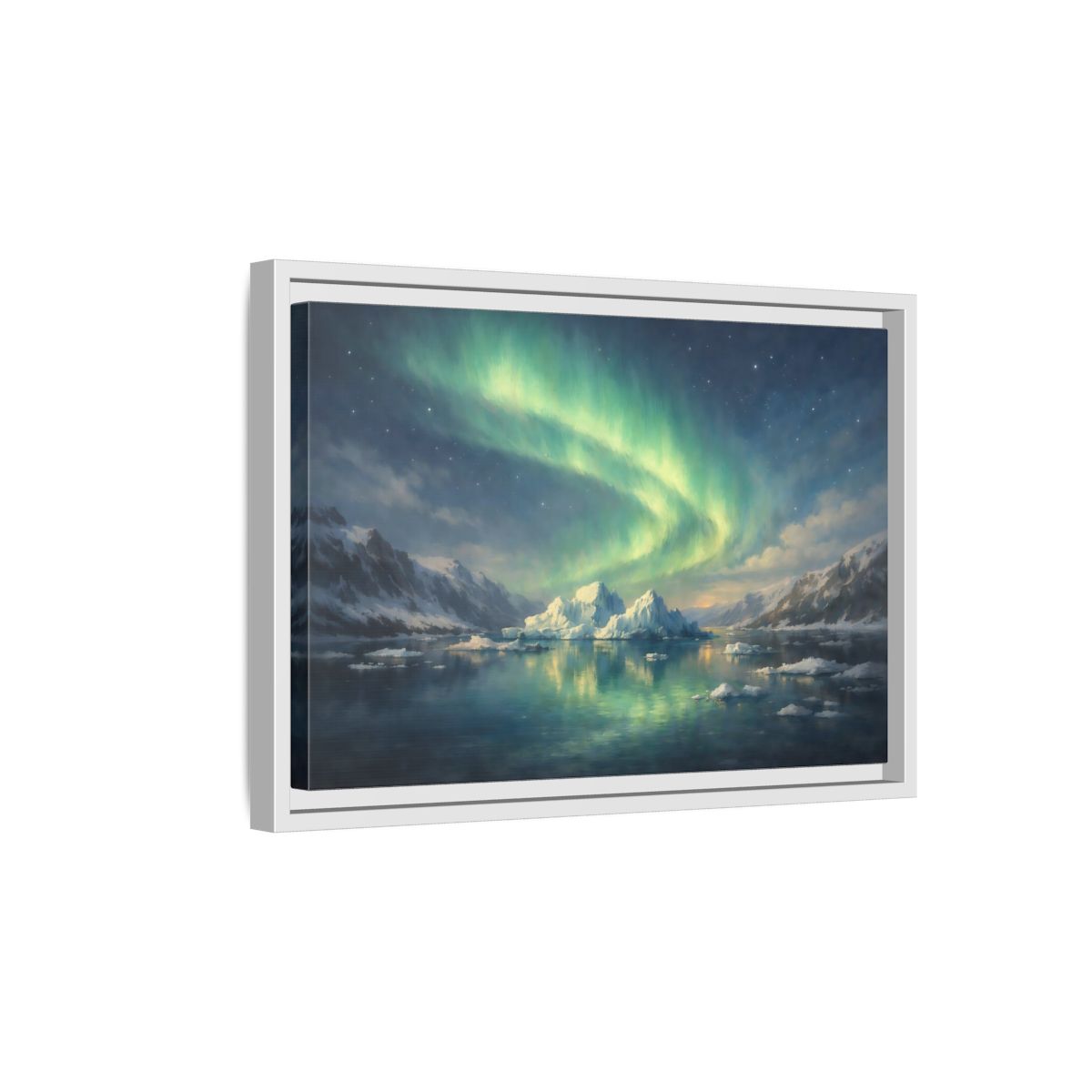 Side Mockup 4. Nature Northern Lights Green Northern Lights shown as stretched canvas wall art