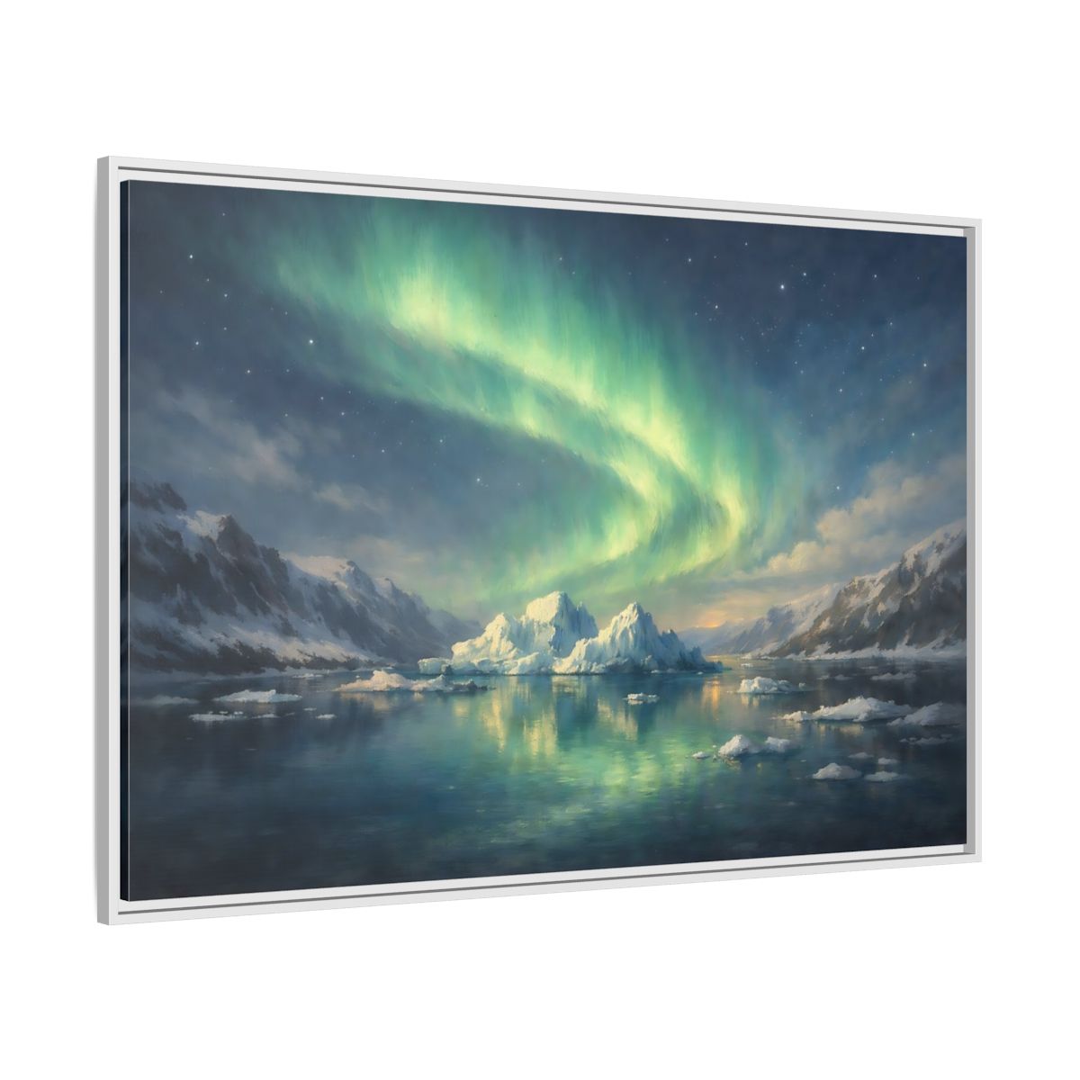 Side Mockup 7. Nature Northern Lights Green Northern Lights shown as stretched canvas wall art