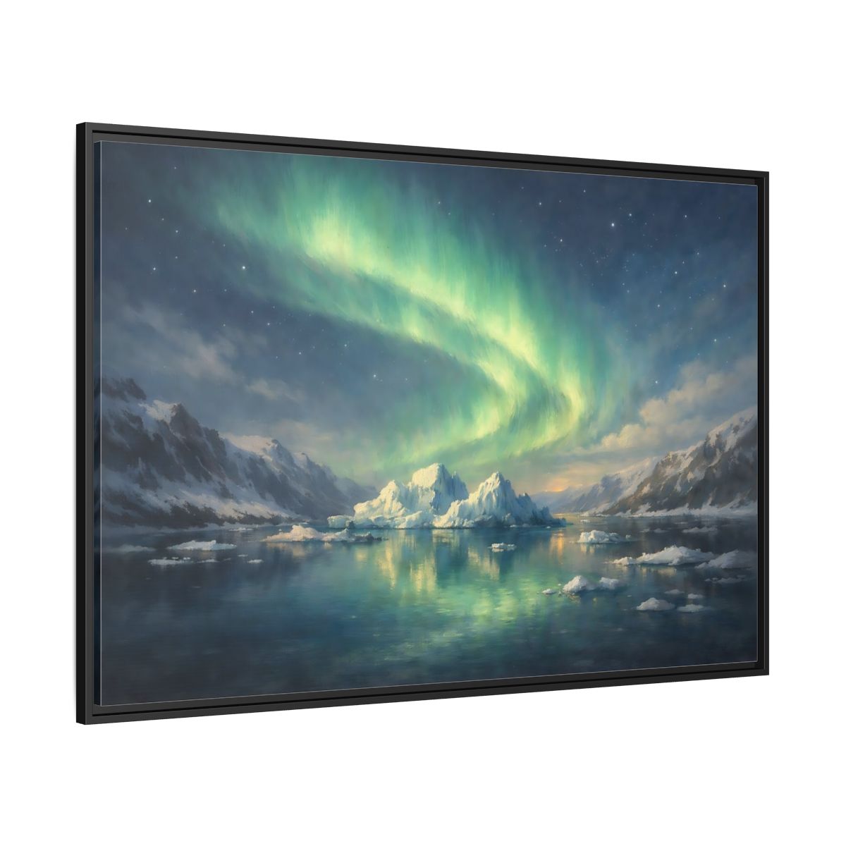 Side Mockup 12. Nature Northern Lights Green Northern Lights shown as stretched canvas wall art