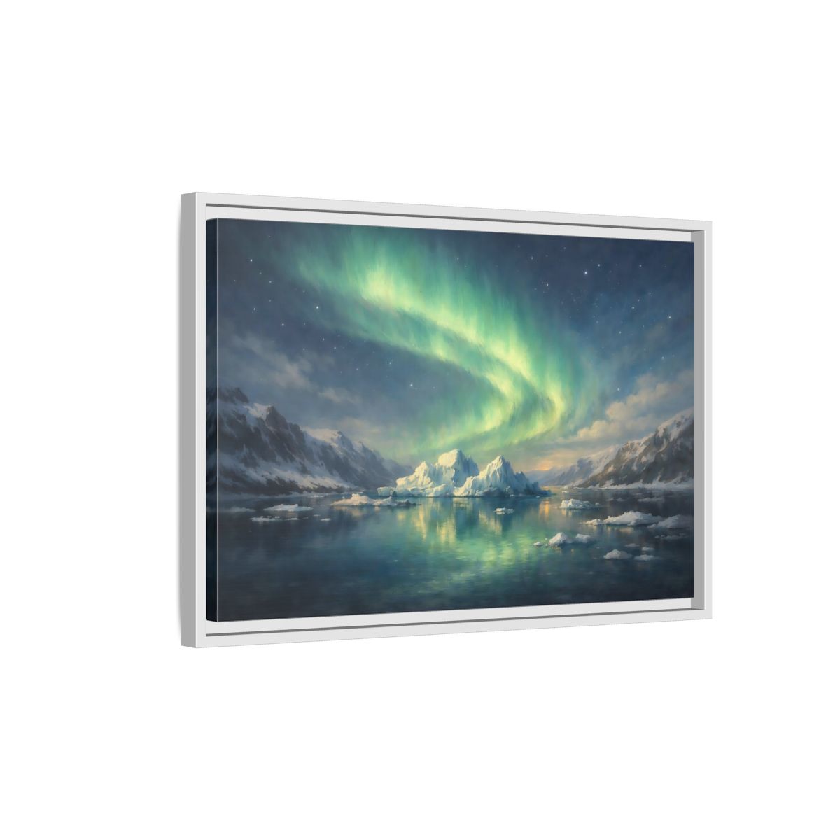 Side Mockup 1. Nature Northern Lights Green Northern Lights shown as stretched canvas wall art
