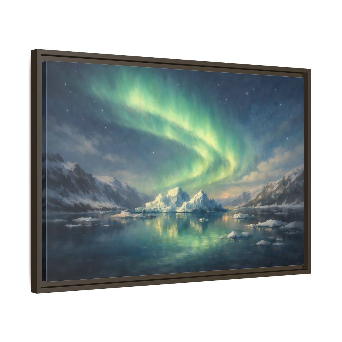 Side Mockup 11. Nature Northern Lights Green Northern Lights shown as stretched canvas wall art