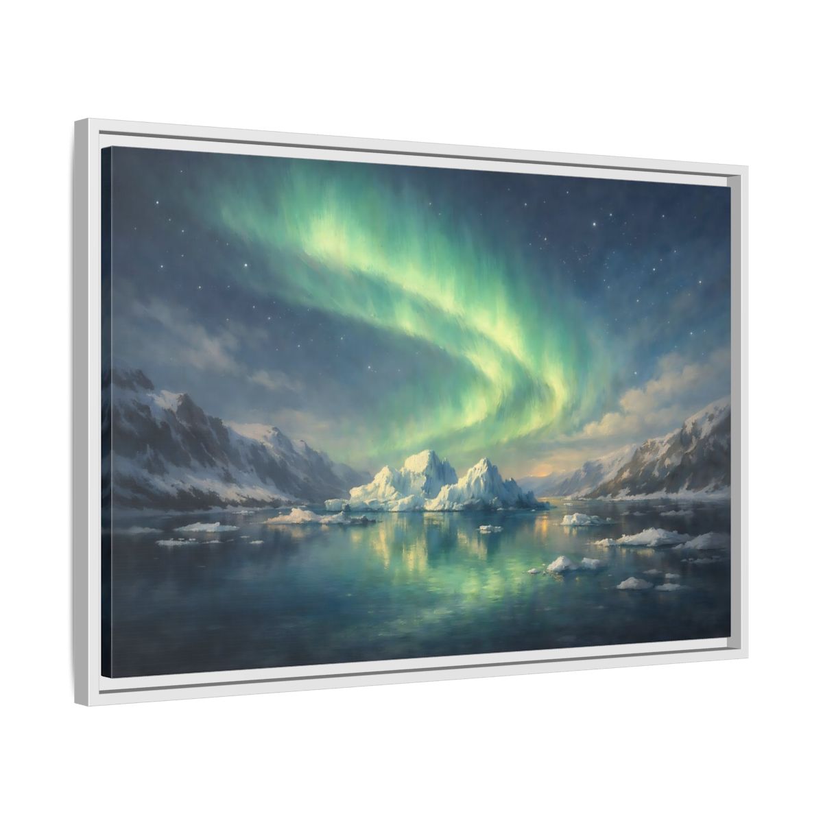 Side Mockup 10. Nature Northern Lights Green Northern Lights shown as stretched canvas wall art