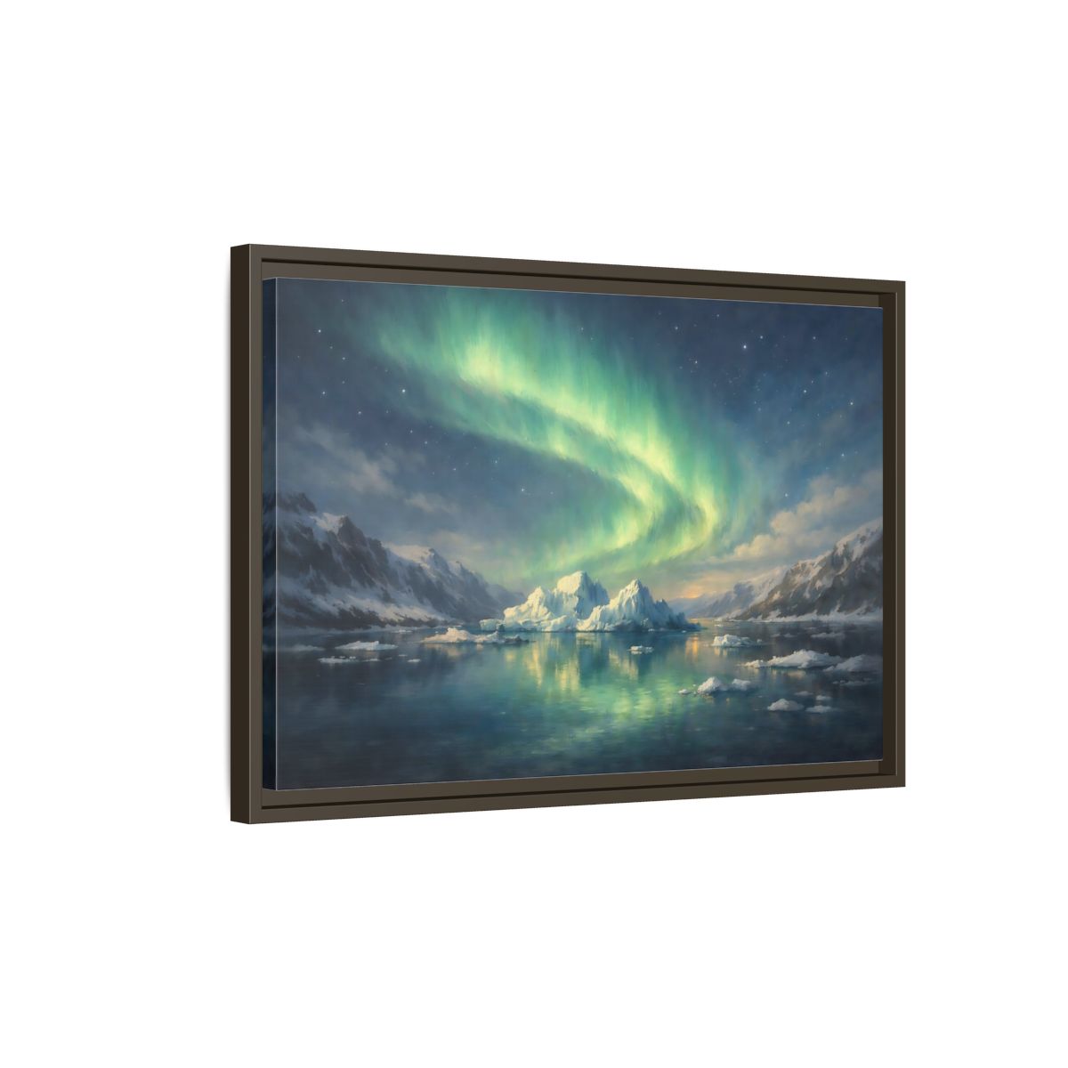 Side Mockup 2. Nature Northern Lights Green Northern Lights shown as stretched canvas wall art