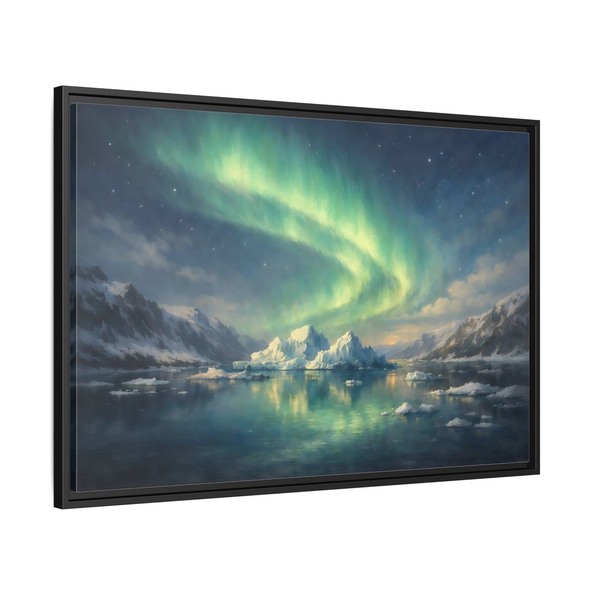 Side Mockup 13. Nature Northern Lights Green Northern Lights shown as stretched canvas wall art