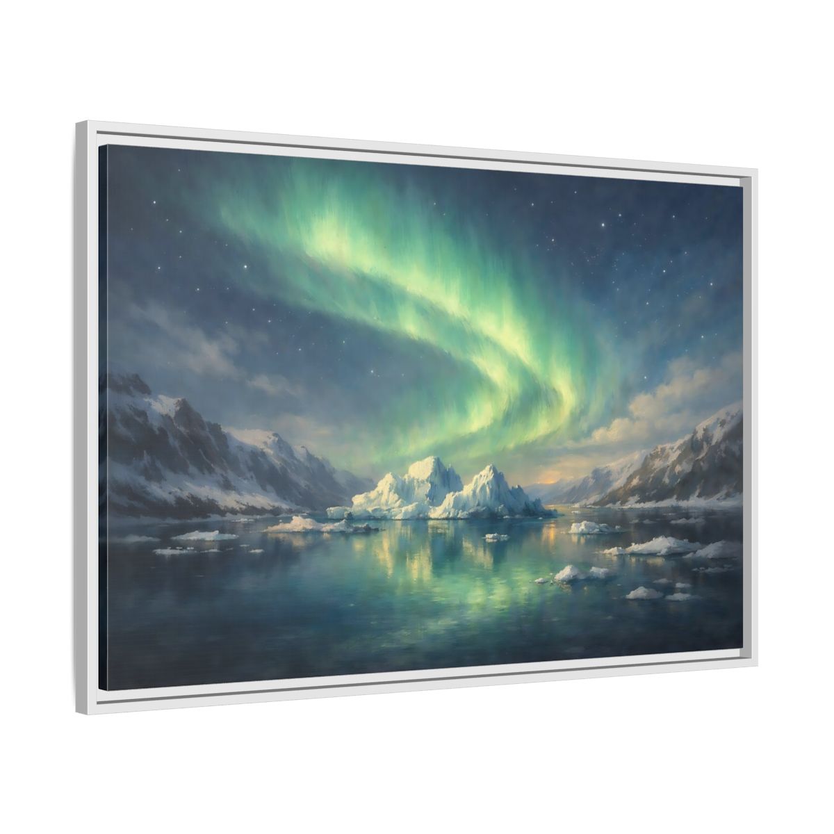 Side Mockup 8. Nature Northern Lights Green Northern Lights shown as stretched canvas wall art