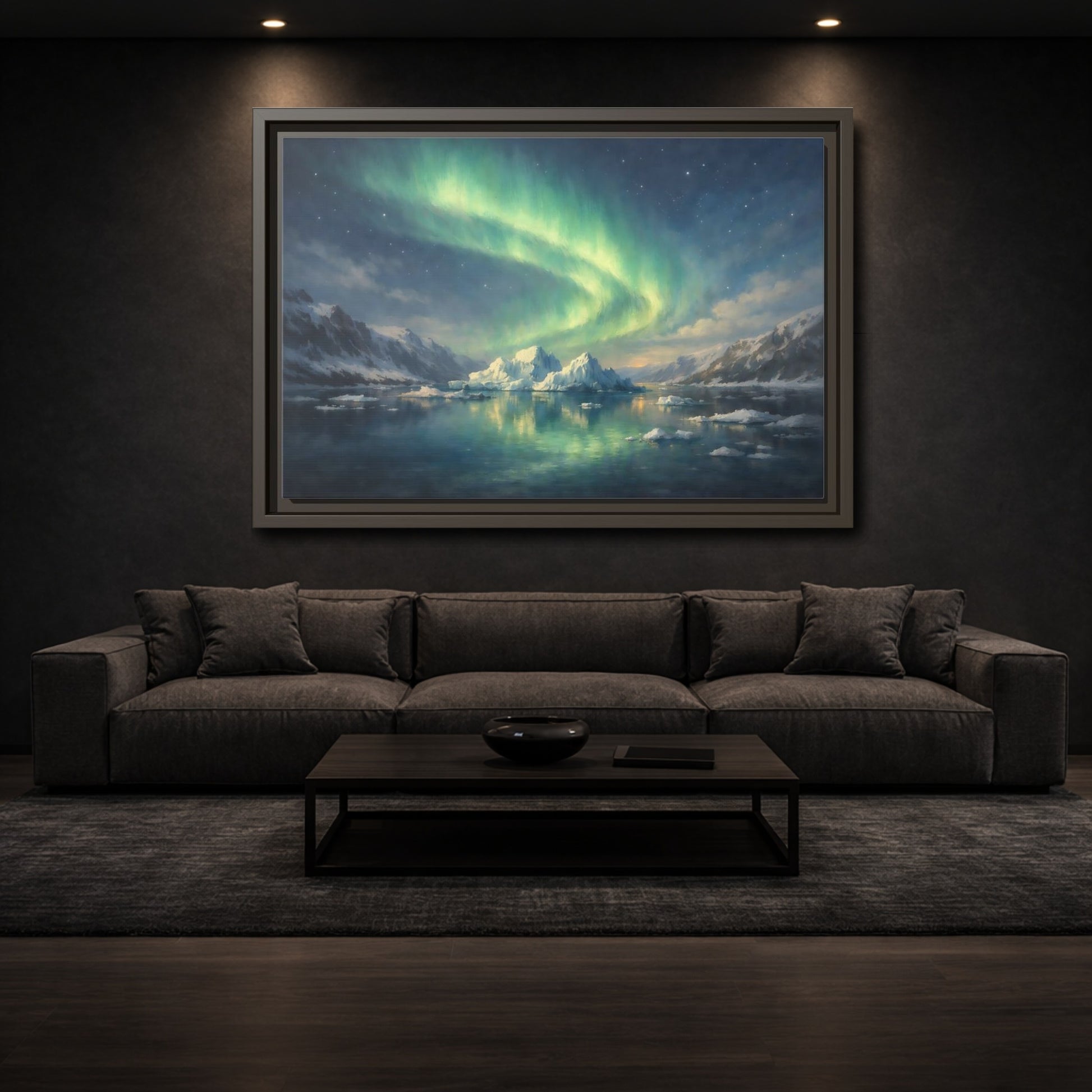 Mockup 2. Nature Northern Lights Green Northern Lights shown as stretched canvas wall art