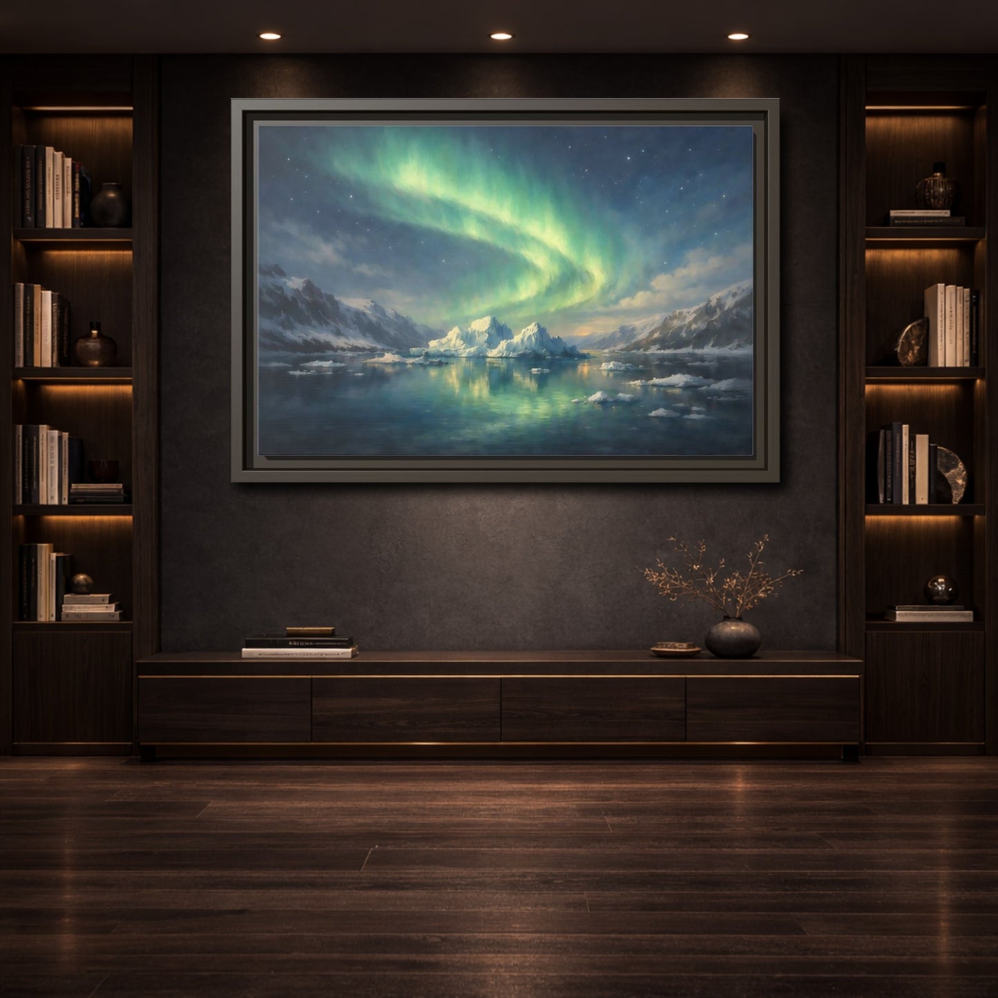 Mockup 3. Nature Northern Lights Green Northern Lights shown as stretched canvas wall art