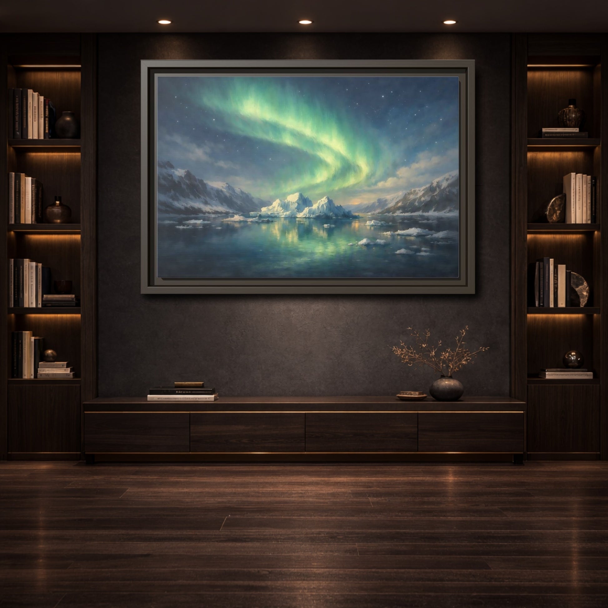 Mockup 3. Nature Northern Lights Green Northern Lights shown as stretched canvas wall art