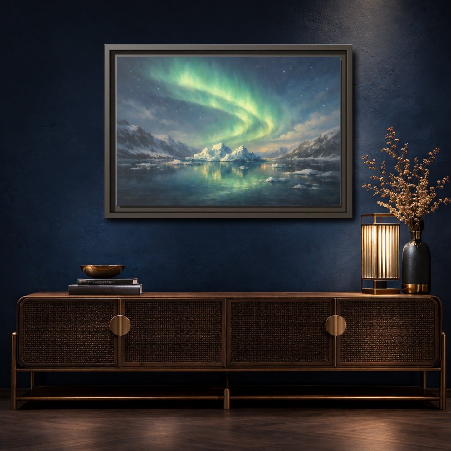 Mockup 4. Nature Northern Lights Green Northern Lights shown as stretched canvas wall art