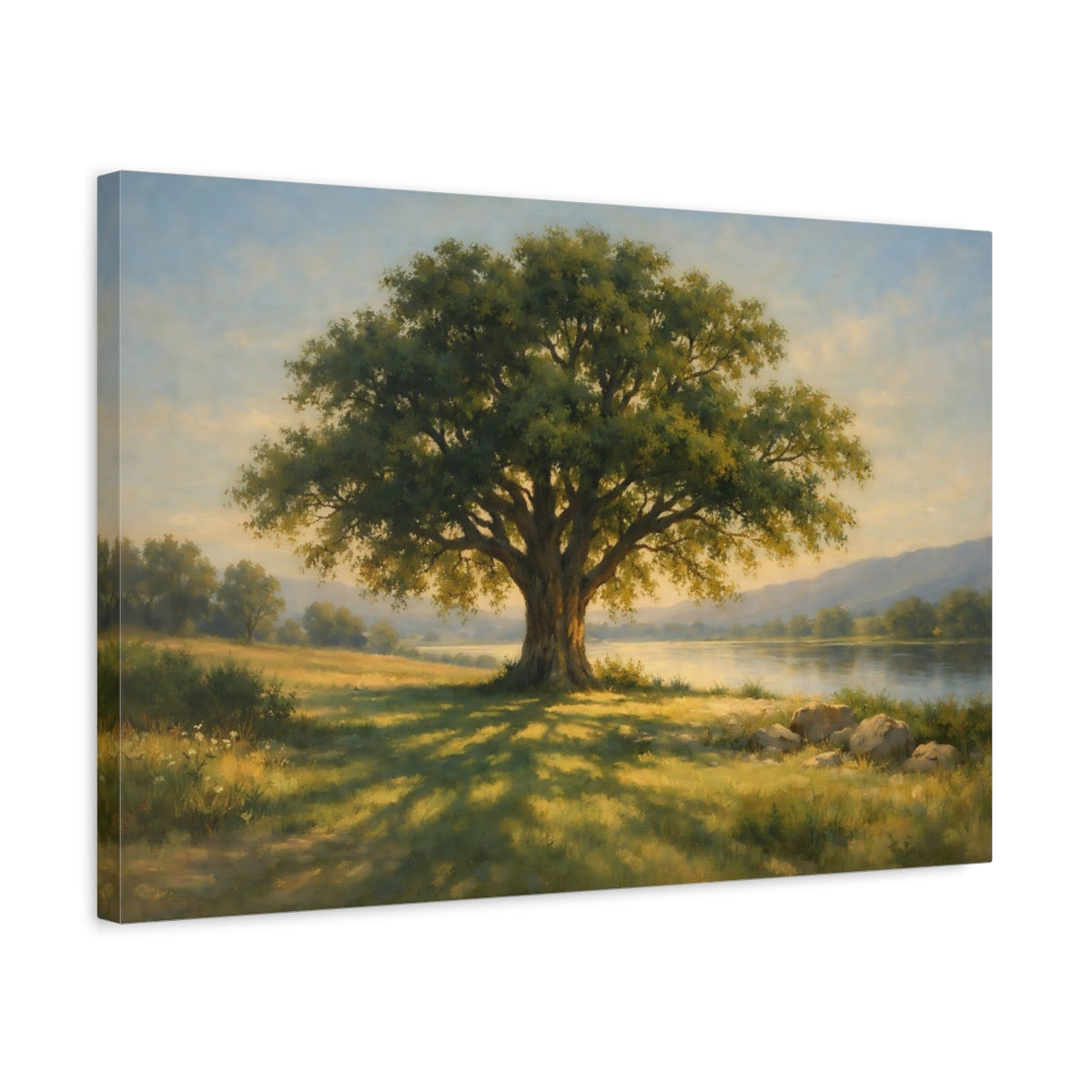 Side Mockup 3. Nature Oak Tree Green And Gold Nature shown as stretched canvas wall art
