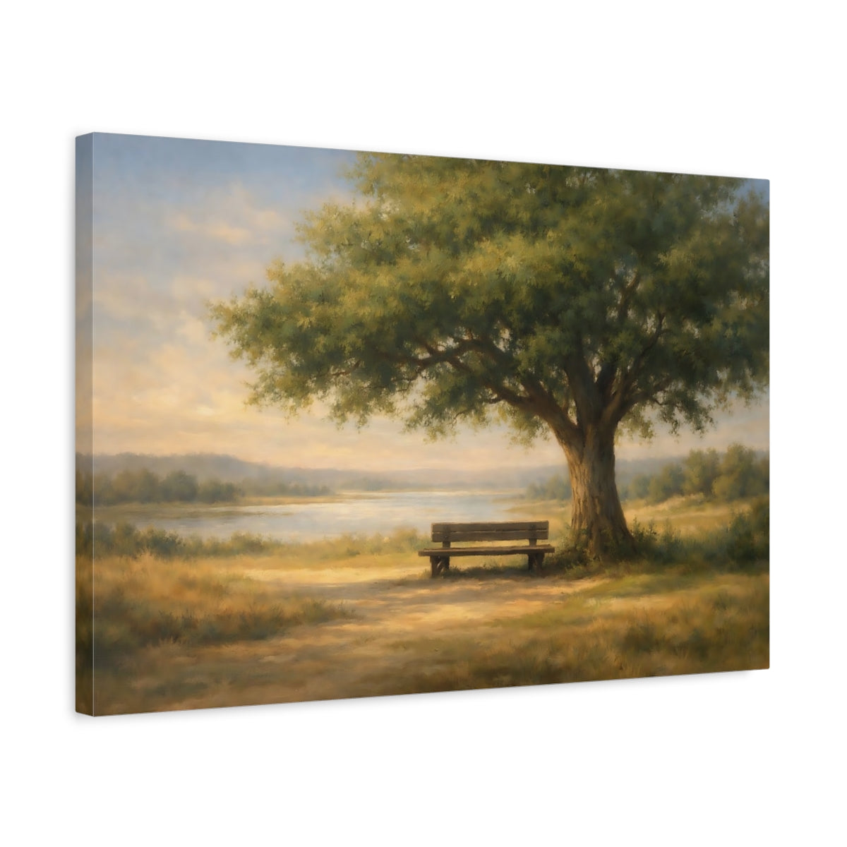 Side Mockup 3. Nature Oak Tree Green And Gold shown as stretched canvas wall art