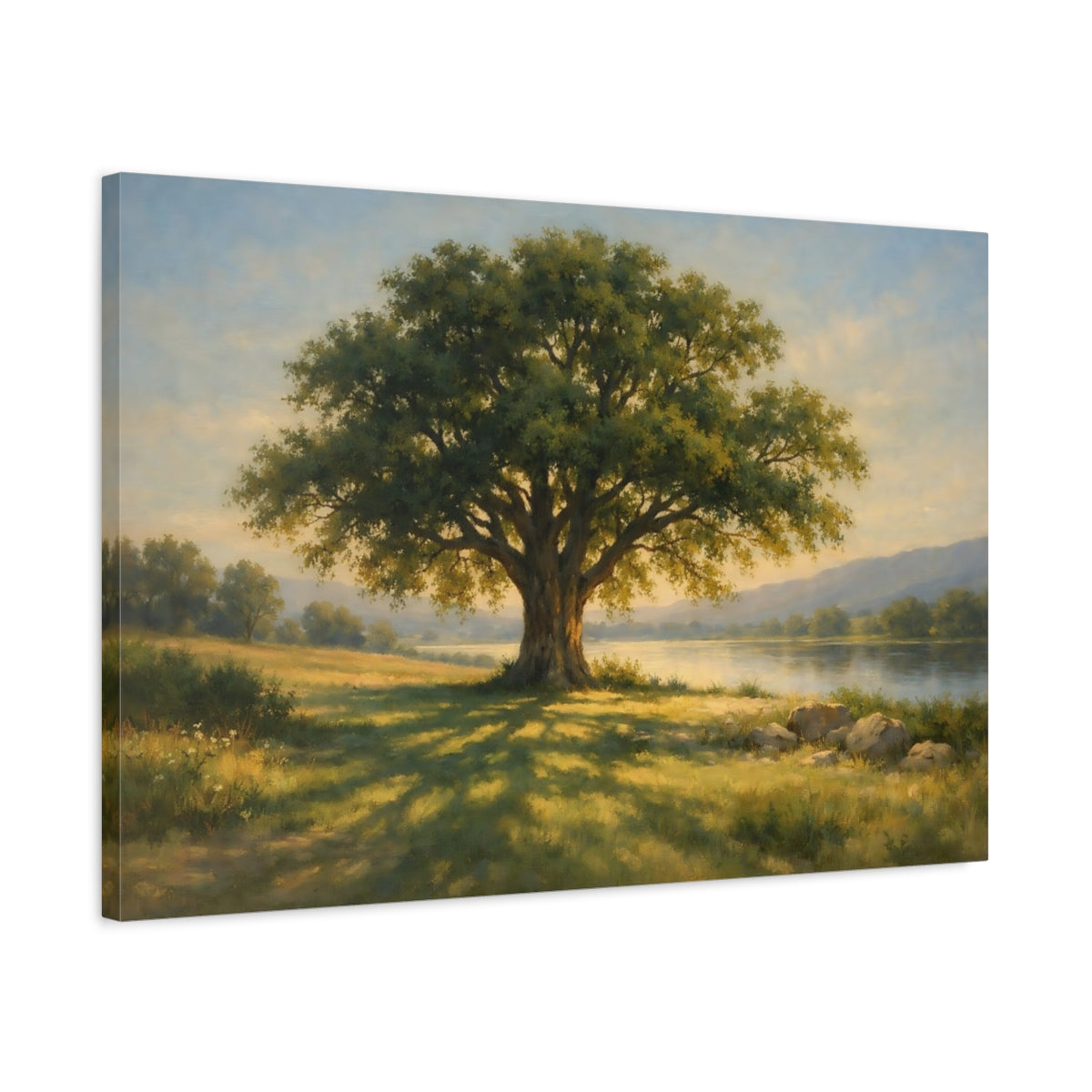 Side Mockup 2. Nature Oak Tree Green And Gold Nature shown as stretched canvas wall art