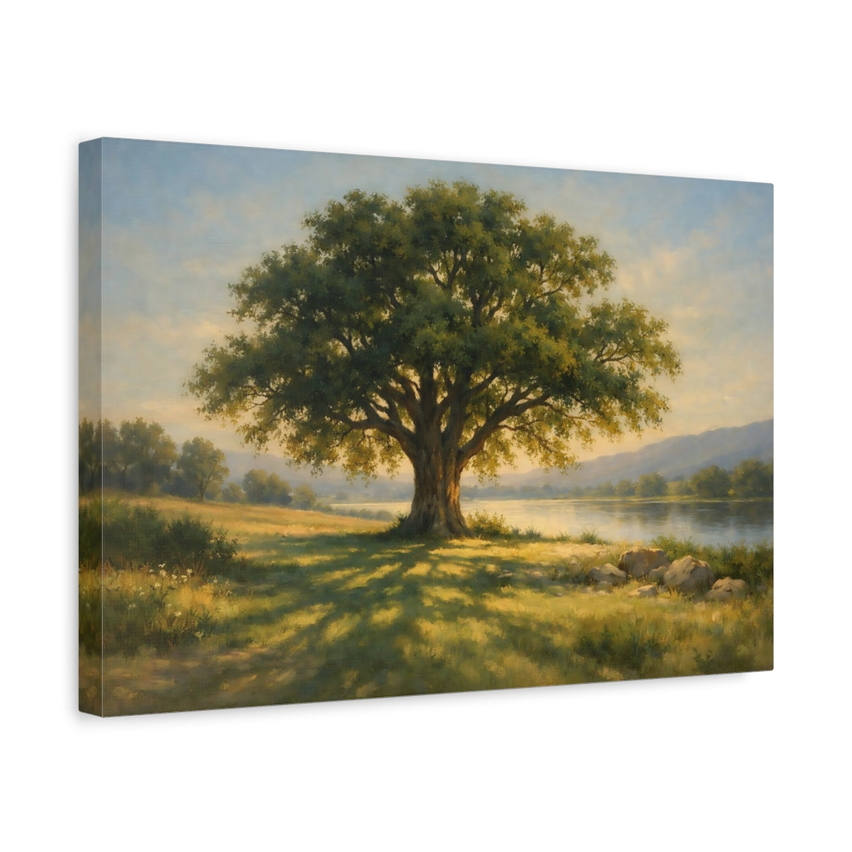 Side Mockup 4. Nature Oak Tree Green And Gold Nature shown as stretched canvas wall art