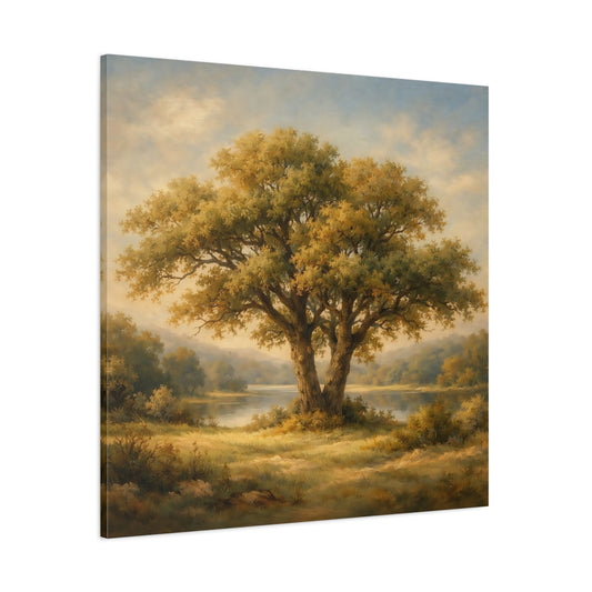 Main Mockup. Nature Oak Tree Green And Gold Landscape shown as stretched canvas wall art