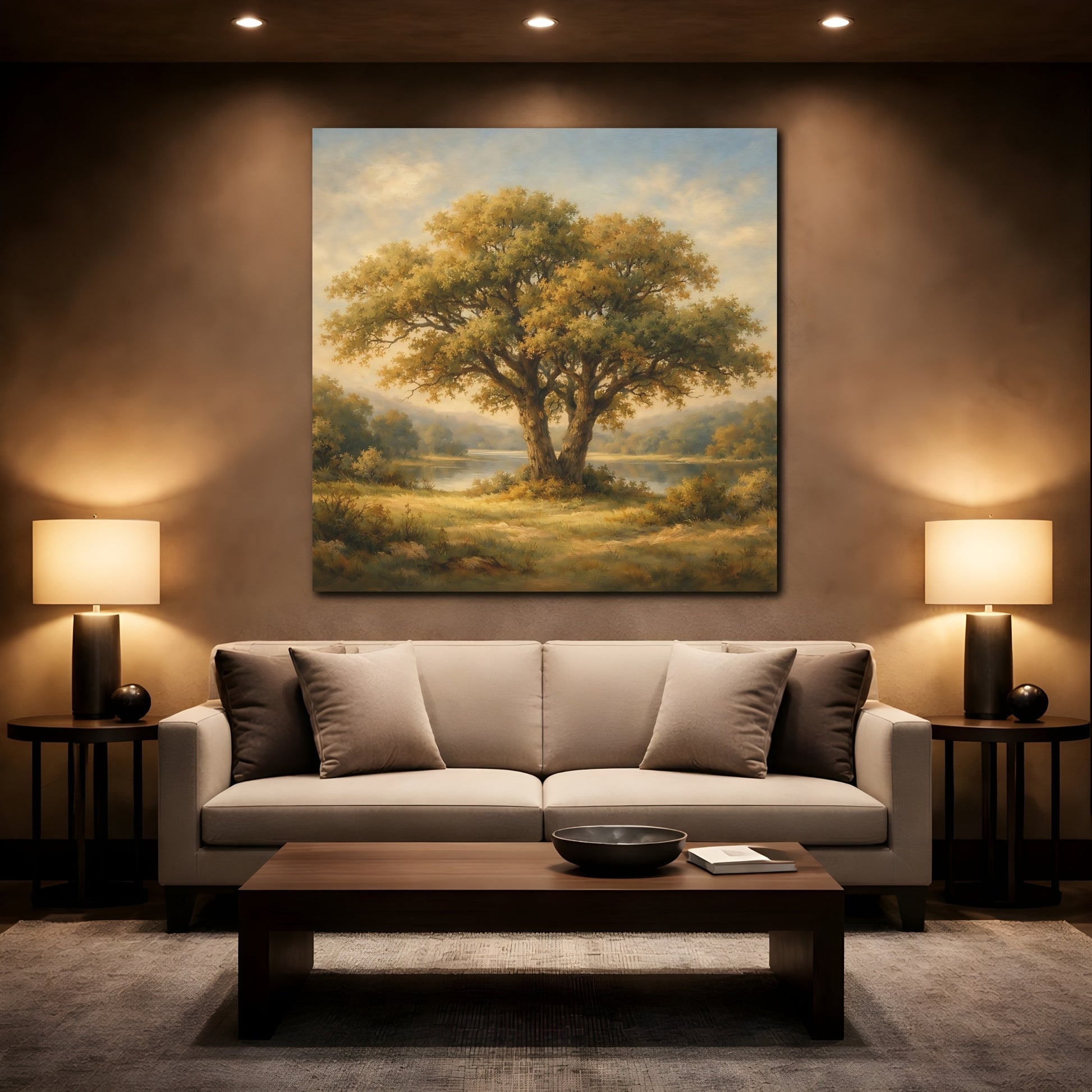 Mockup 2. Nature Oak Tree Green And Gold Landscape shown as stretched canvas wall art
