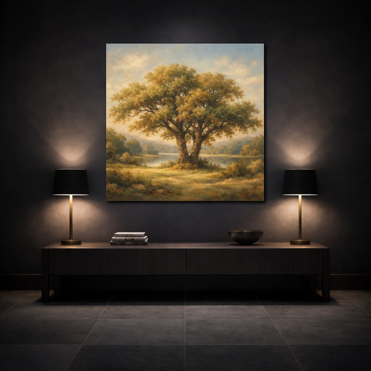 Mockup 3. Nature Oak Tree Green And Gold Landscape shown as stretched canvas wall art