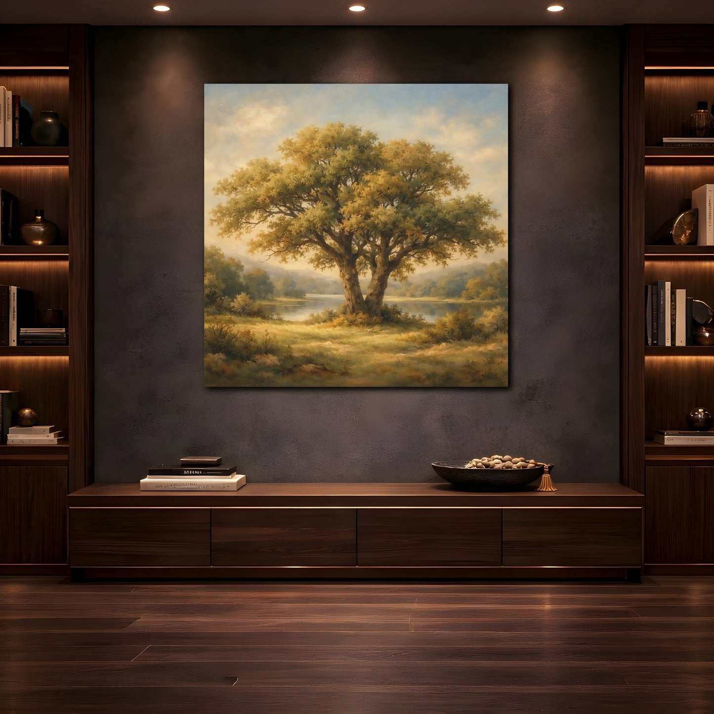 Mockup 4. Nature Oak Tree Green And Gold Landscape shown as stretched canvas wall art