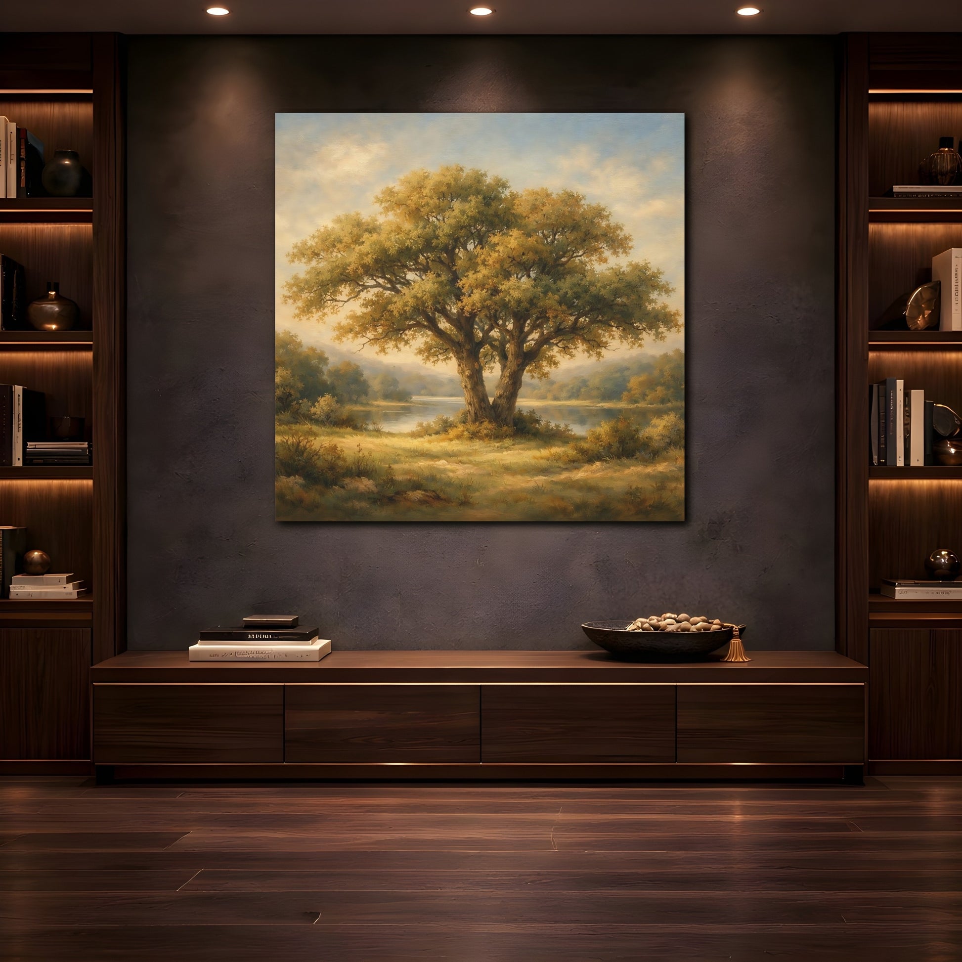 Mockup 4. Nature Oak Tree Green And Gold Landscape shown as stretched canvas wall art