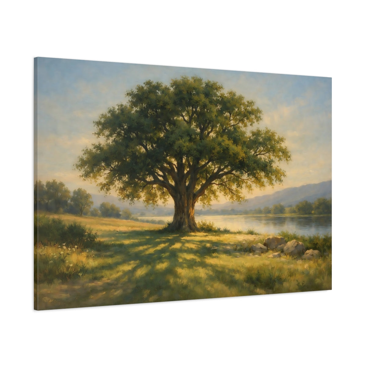 Main Mockup. Nature Oak Tree Green And Gold Nature shown as stretched canvas wall art
