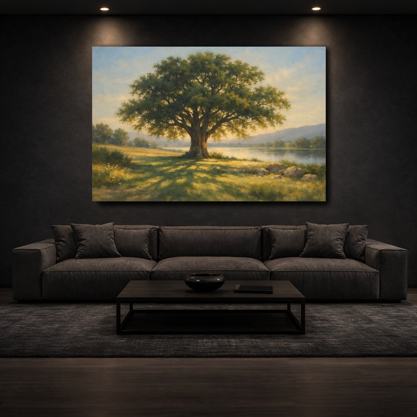 Mockup 2. Nature Oak Tree Green And Gold Nature shown as stretched canvas wall art