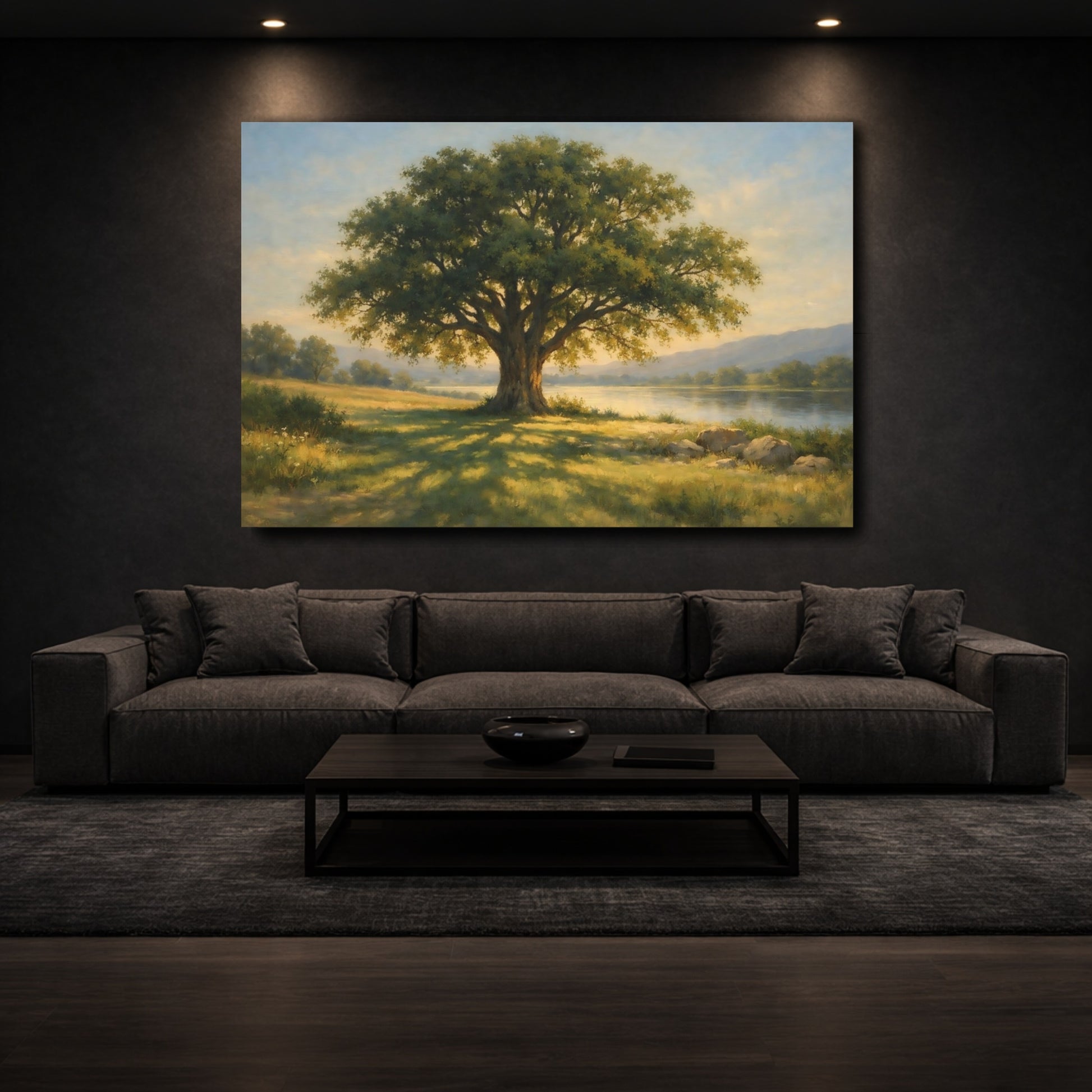 Mockup 2. Nature Oak Tree Green And Gold Nature shown as stretched canvas wall art