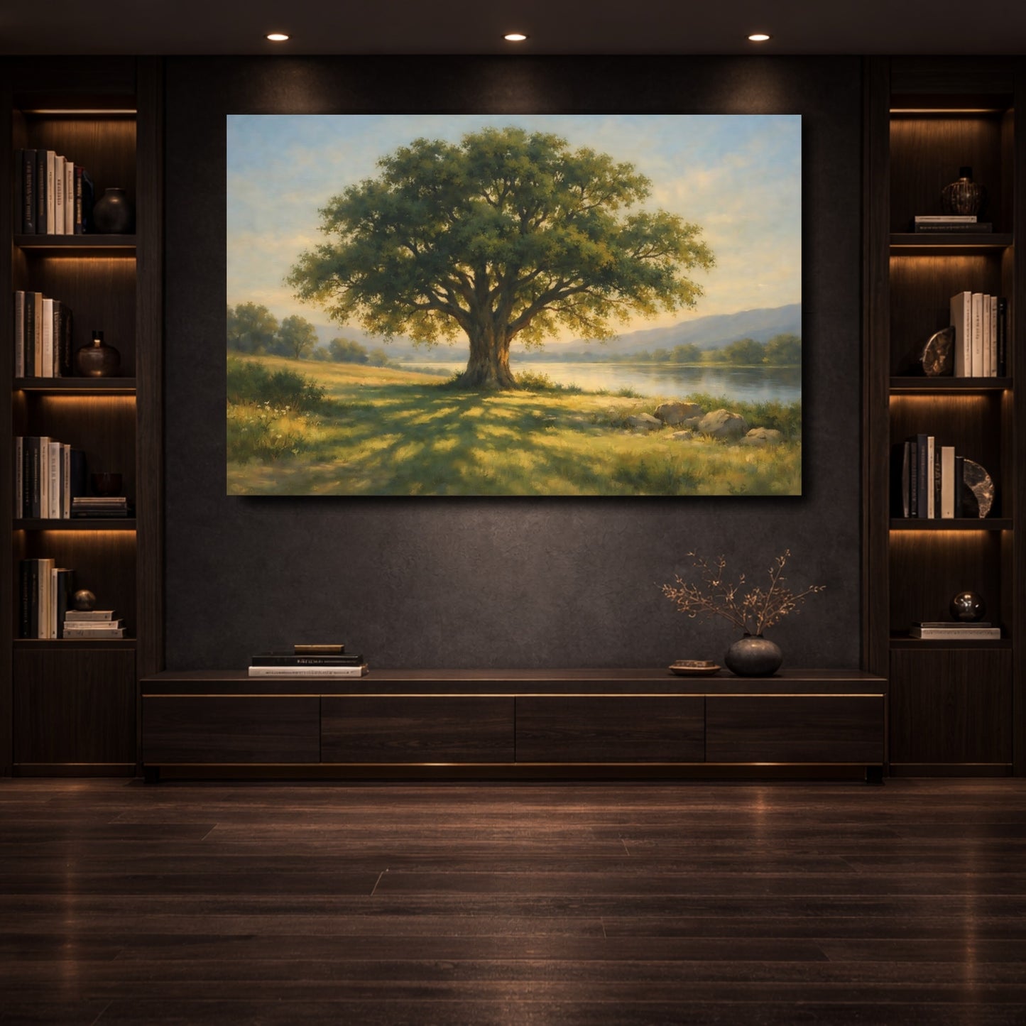 Mockup 3. Nature Oak Tree Green And Gold Nature shown as stretched canvas wall art