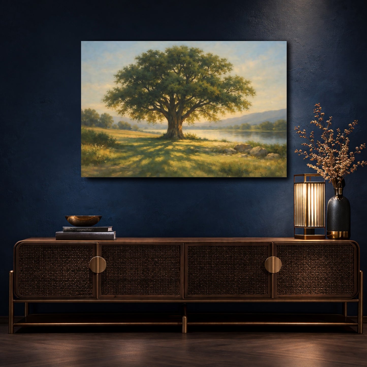 Mockup 4. Nature Oak Tree Green And Gold Nature shown as stretched canvas wall art