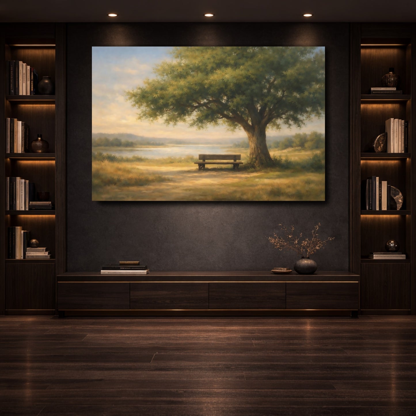 Mockup 3. Nature Oak Tree Green And Gold shown as stretched canvas wall art
