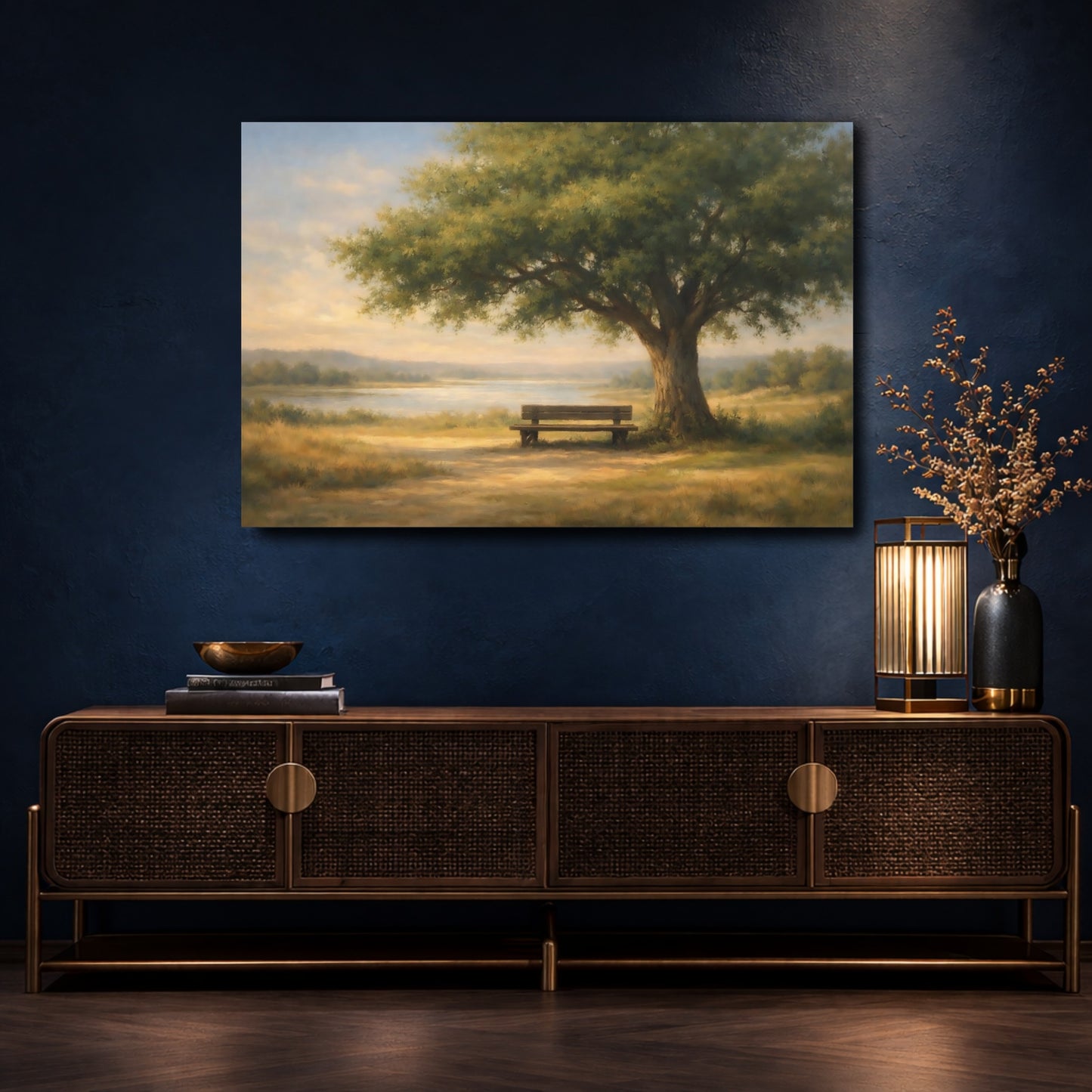 Mockup 4. Nature Oak Tree Green And Gold shown as stretched canvas wall art