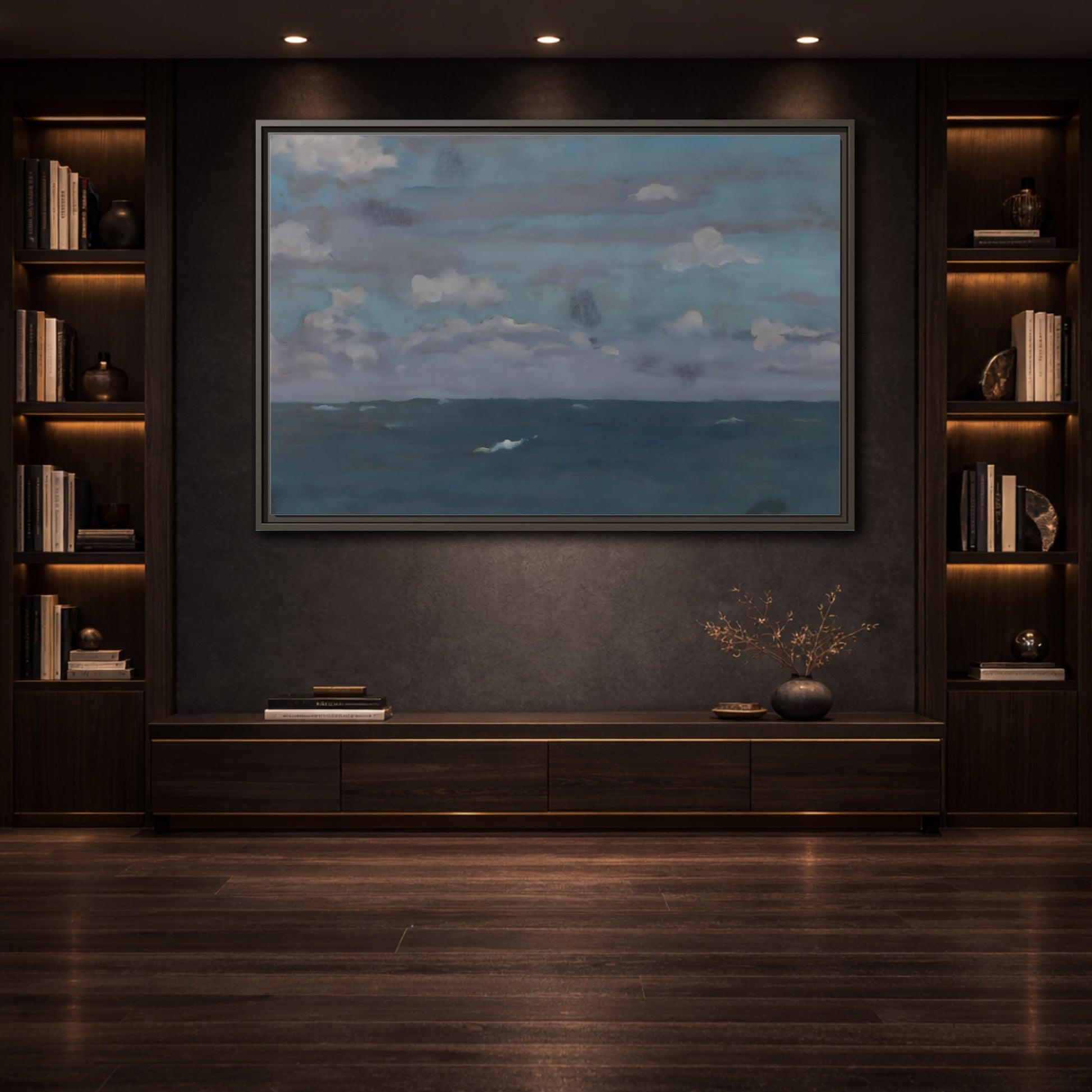 Mockup 3. Nature Ocean And Sky Blue And Gray shown as stretched canvas wall art