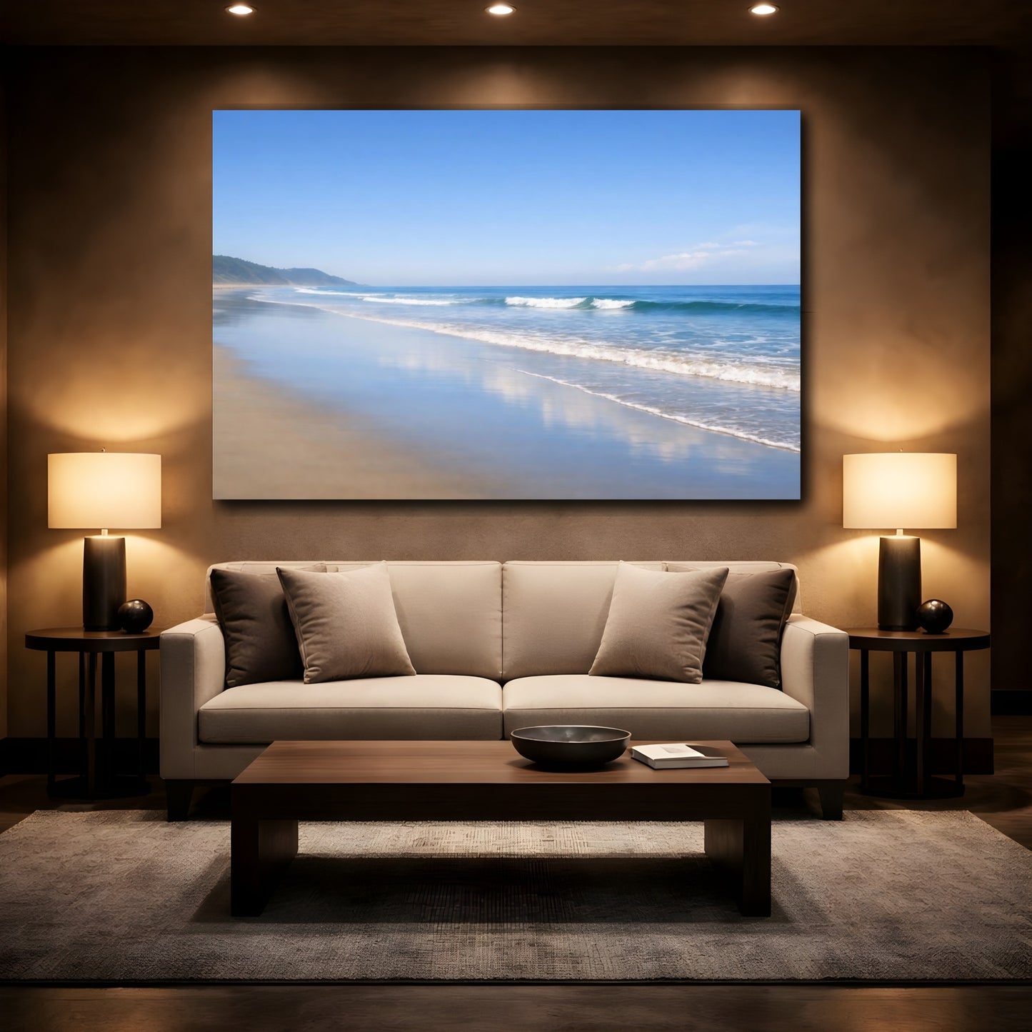 Mockup 2. Nature Ocean Beach Blue Beach shown as stretched canvas wall art