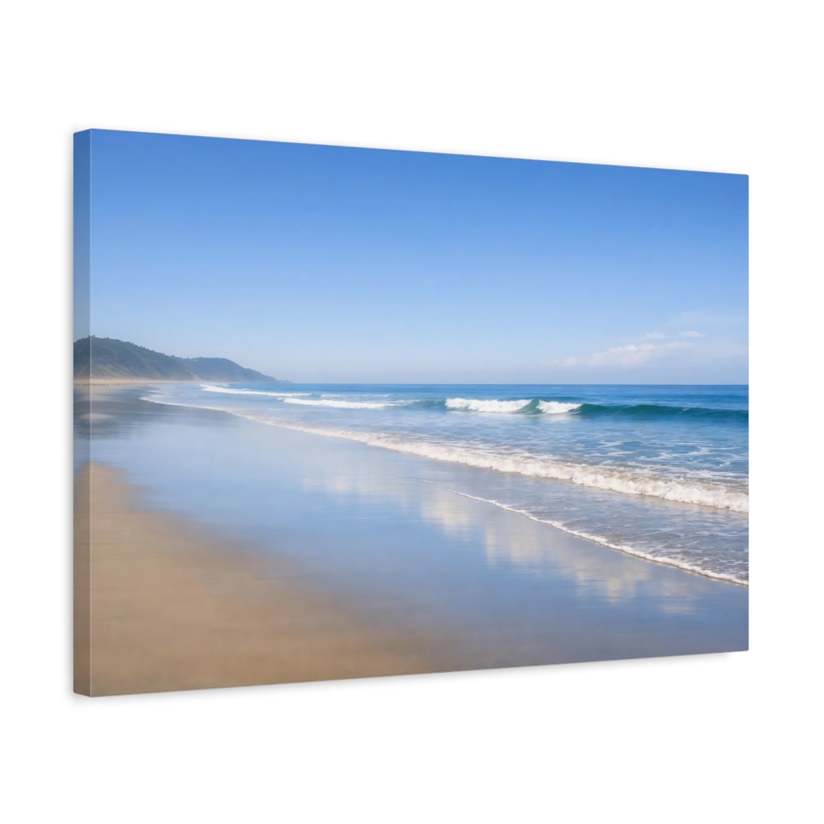 Side Mockup 3. Nature Ocean Beach Blue Beach shown as stretched canvas wall art