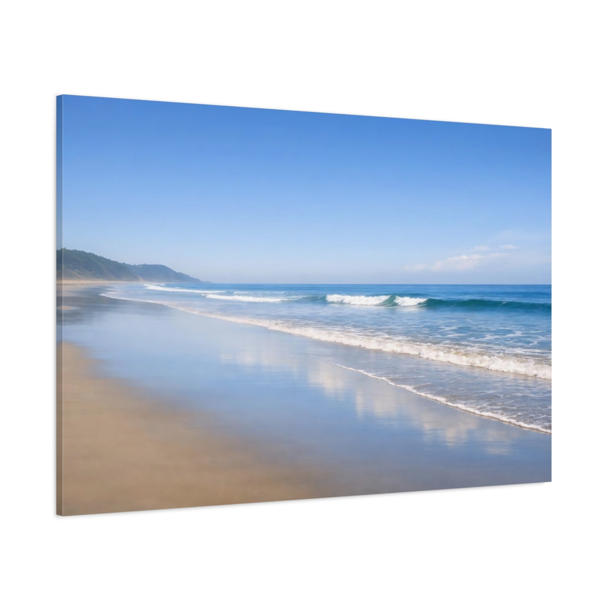 Side Mockup 1. Nature Ocean Beach Blue Beach shown as stretched canvas wall art