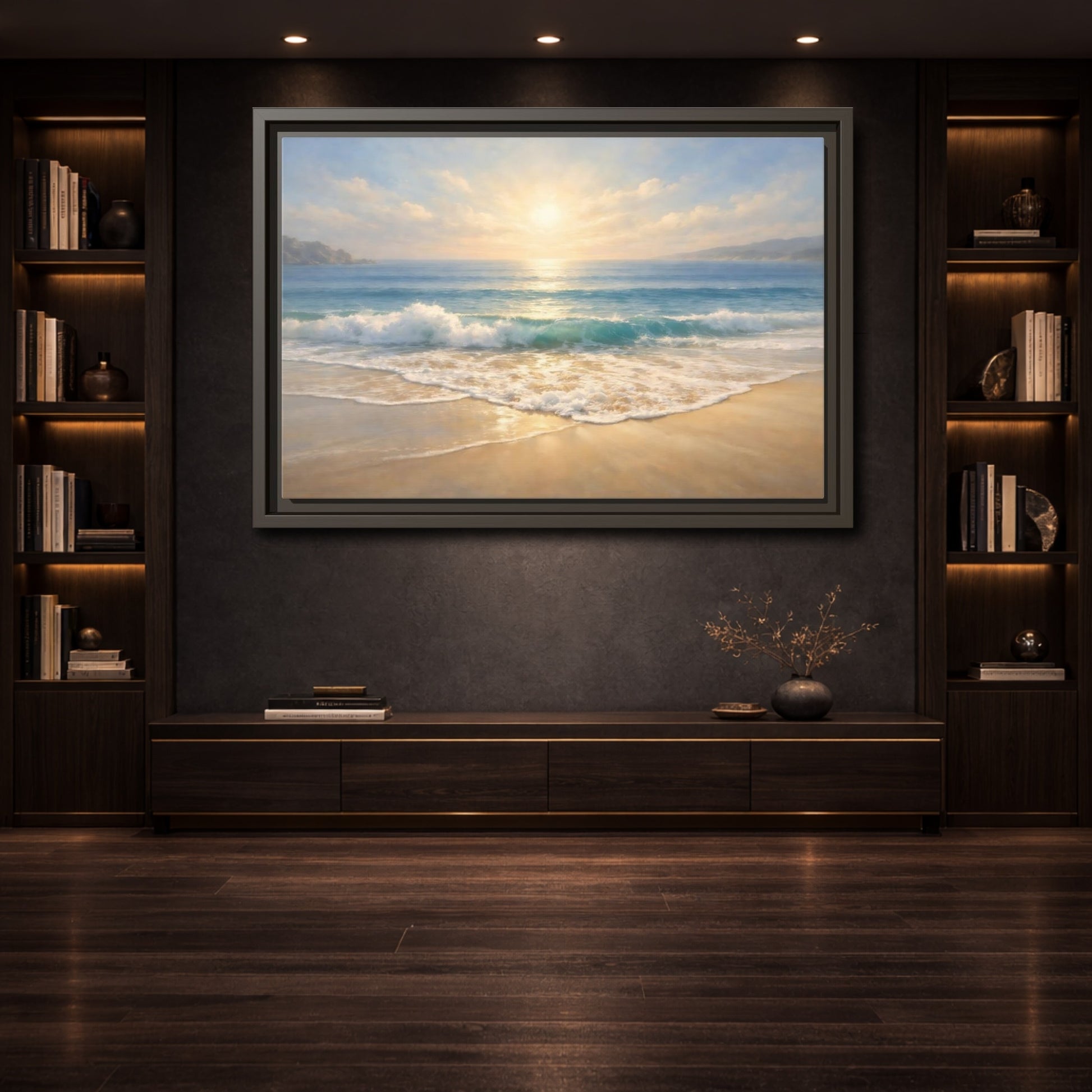 Mockup 3. Nature Ocean Beach Golden Beach shown as stretched canvas wall art